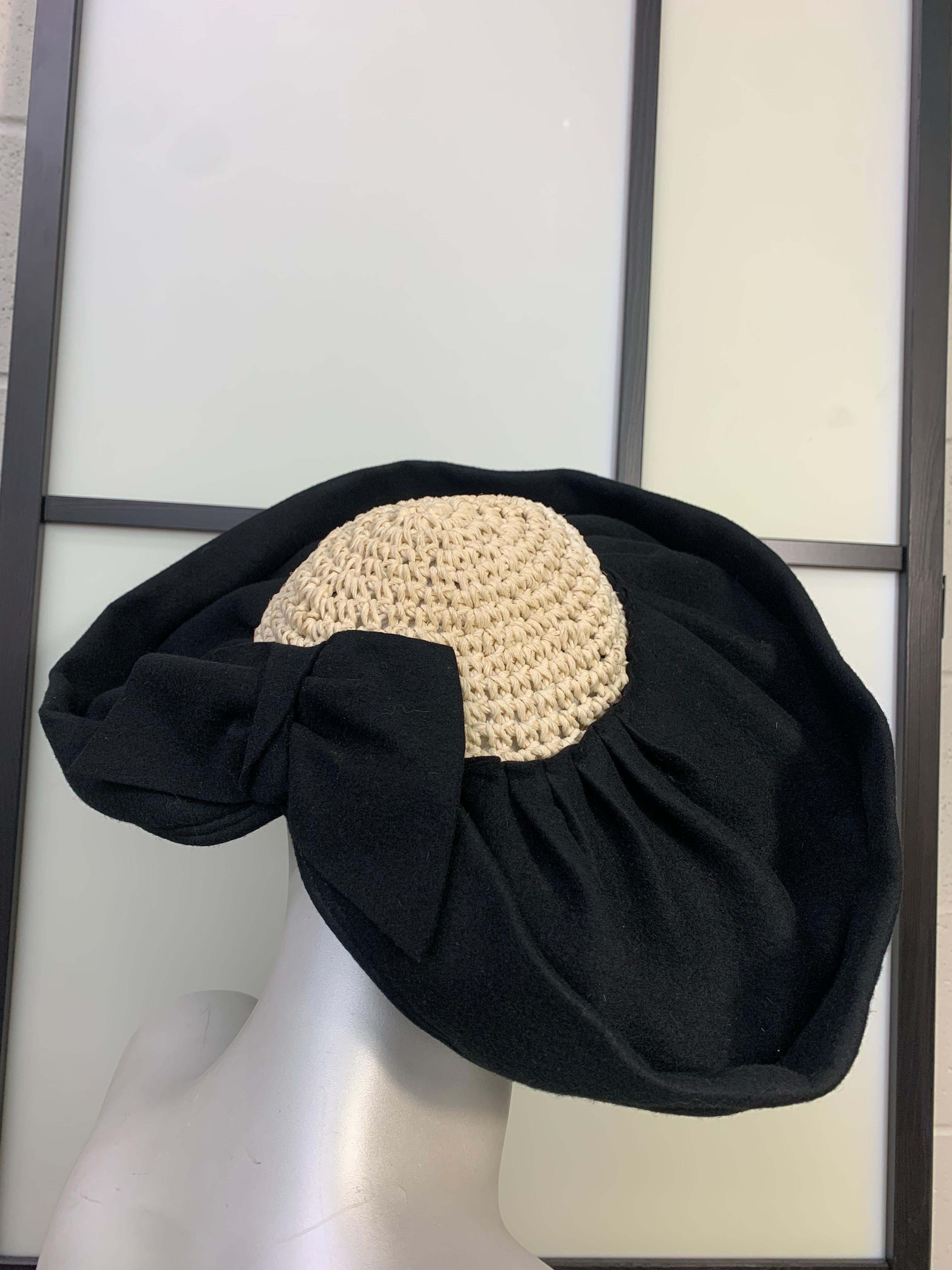 1940s Black Felt & Cream Crochet Halo Crown Hat w Broad Front Brim: Lushly pleated wool felt brim is shallow at back with a felt bow in center. Crown is a hand-crocheted, shallow beanie style, meant to be secured at a jaunty angle with pins and/or