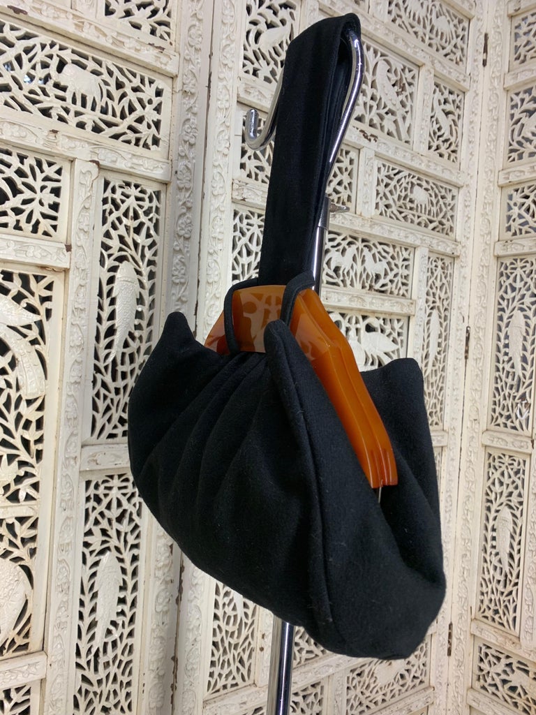 1940s Black Felt Handbag w Large Bakelite Frame and Loop Handle