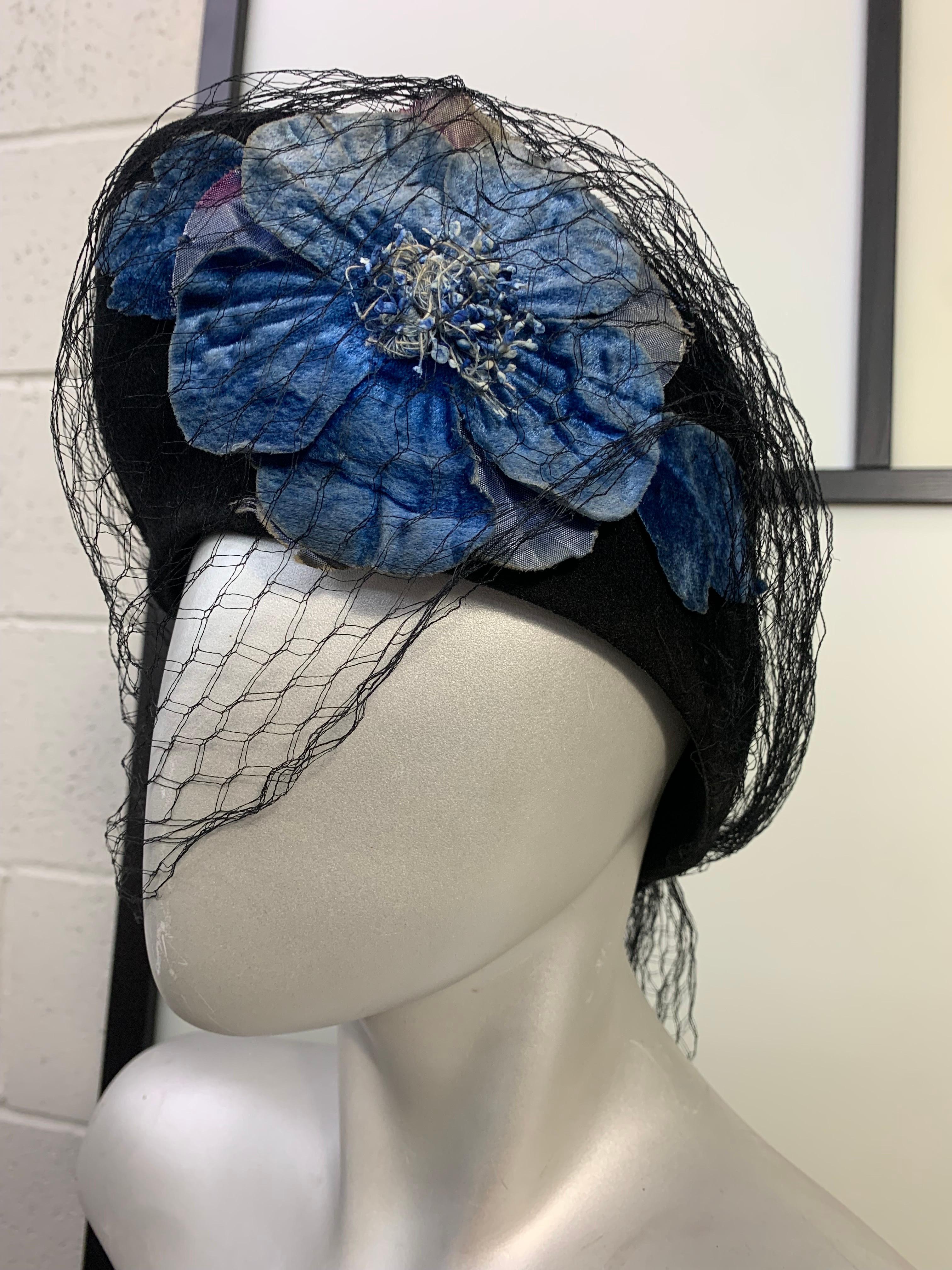 1940s Black Felt Peaked-Front Hat w Large Sapphire Blue Velvet Flower & Netting: Union label inside, no maker. Fits up to size 22. 