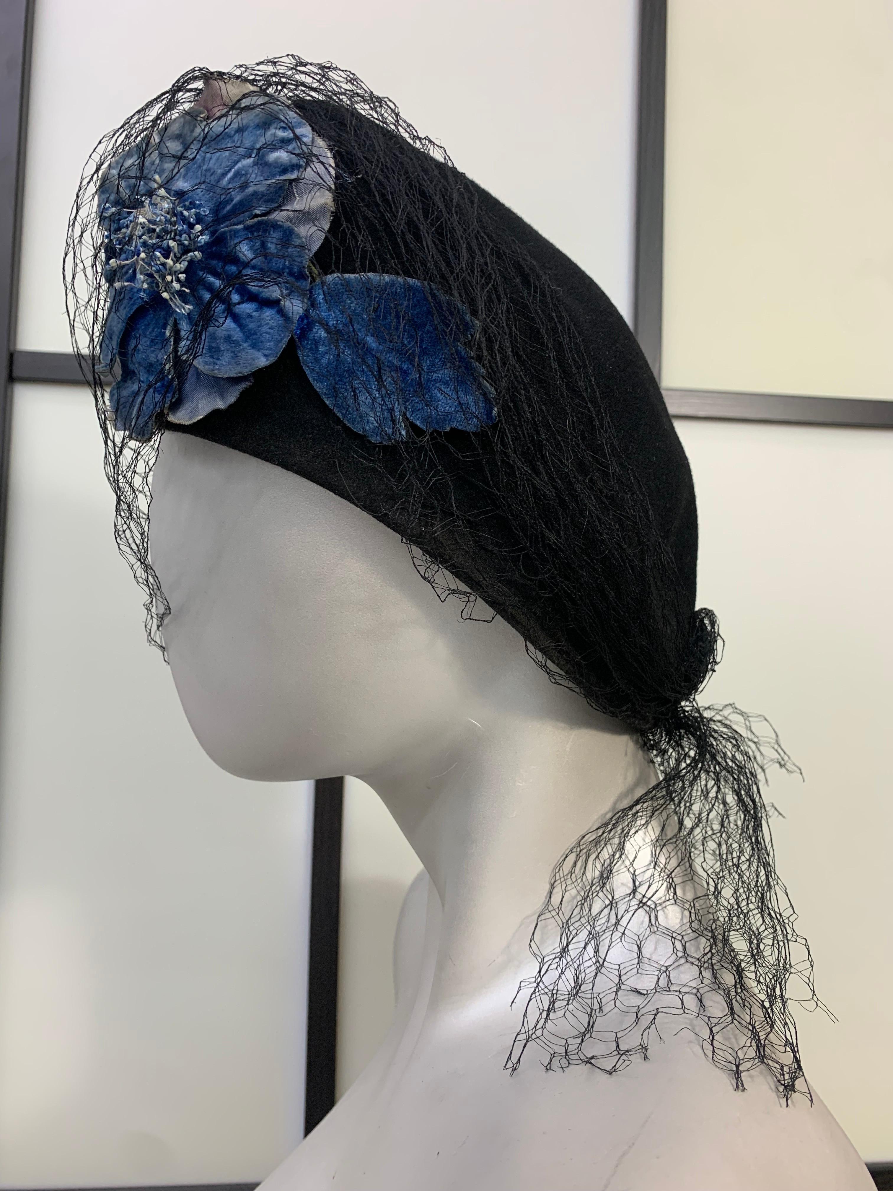 Gray 1940s Black Felt Peaked-Front Hat w Large Sapphire Blue Velvet Flower & Netting For Sale