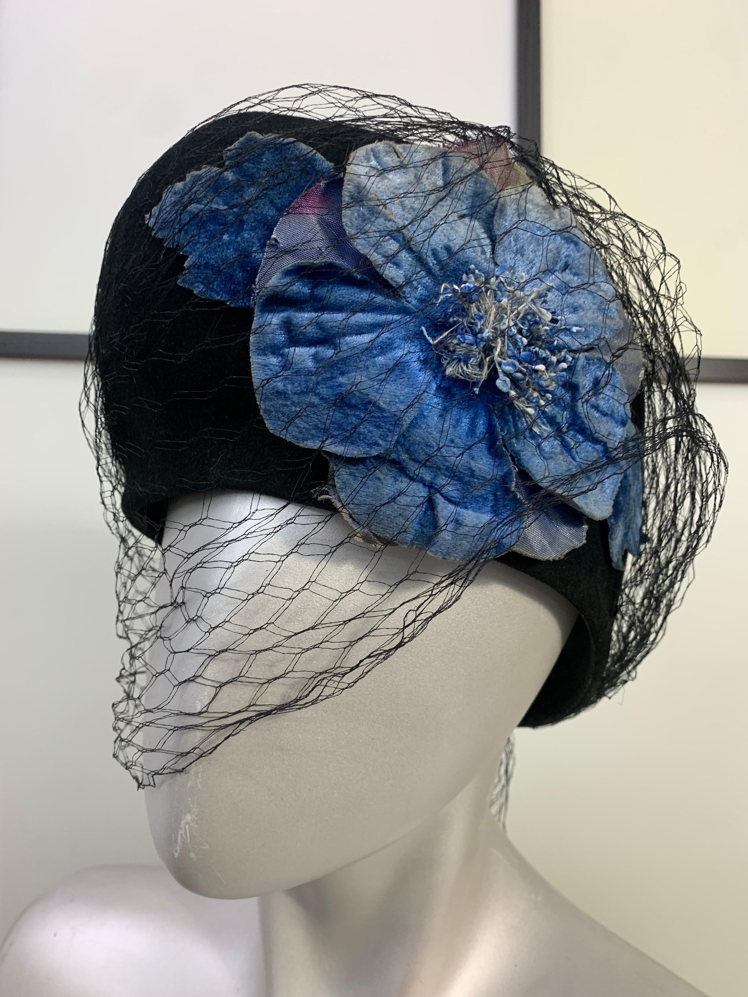 Women's 1940s Black Felt Peaked-Front Hat w Large Sapphire Blue Velvet Flower & Netting For Sale