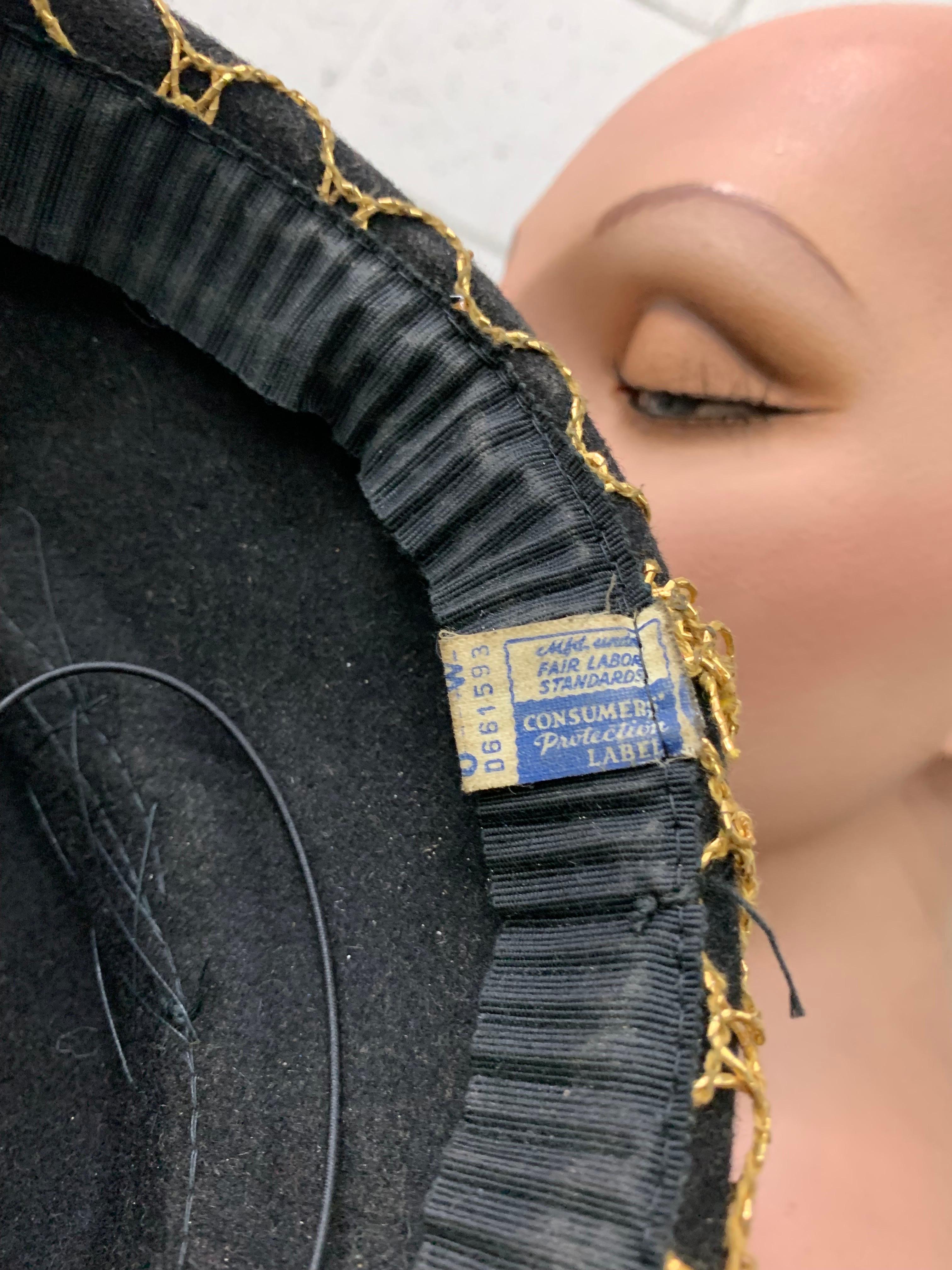 1940s Black Felt Surrealist Shape Hat w Gold Netting Sequin Medallion & Bow  For Sale 7