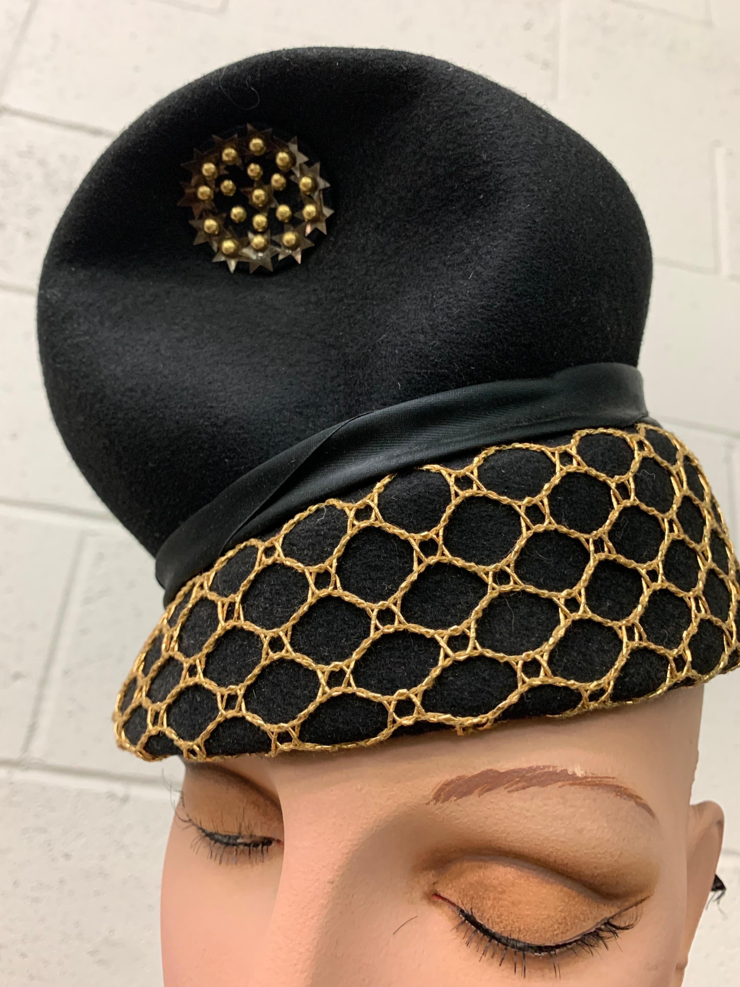 Women's 1940s Black Felt Surrealist Shape Hat w Gold Netting Sequin Medallion & Bow  For Sale