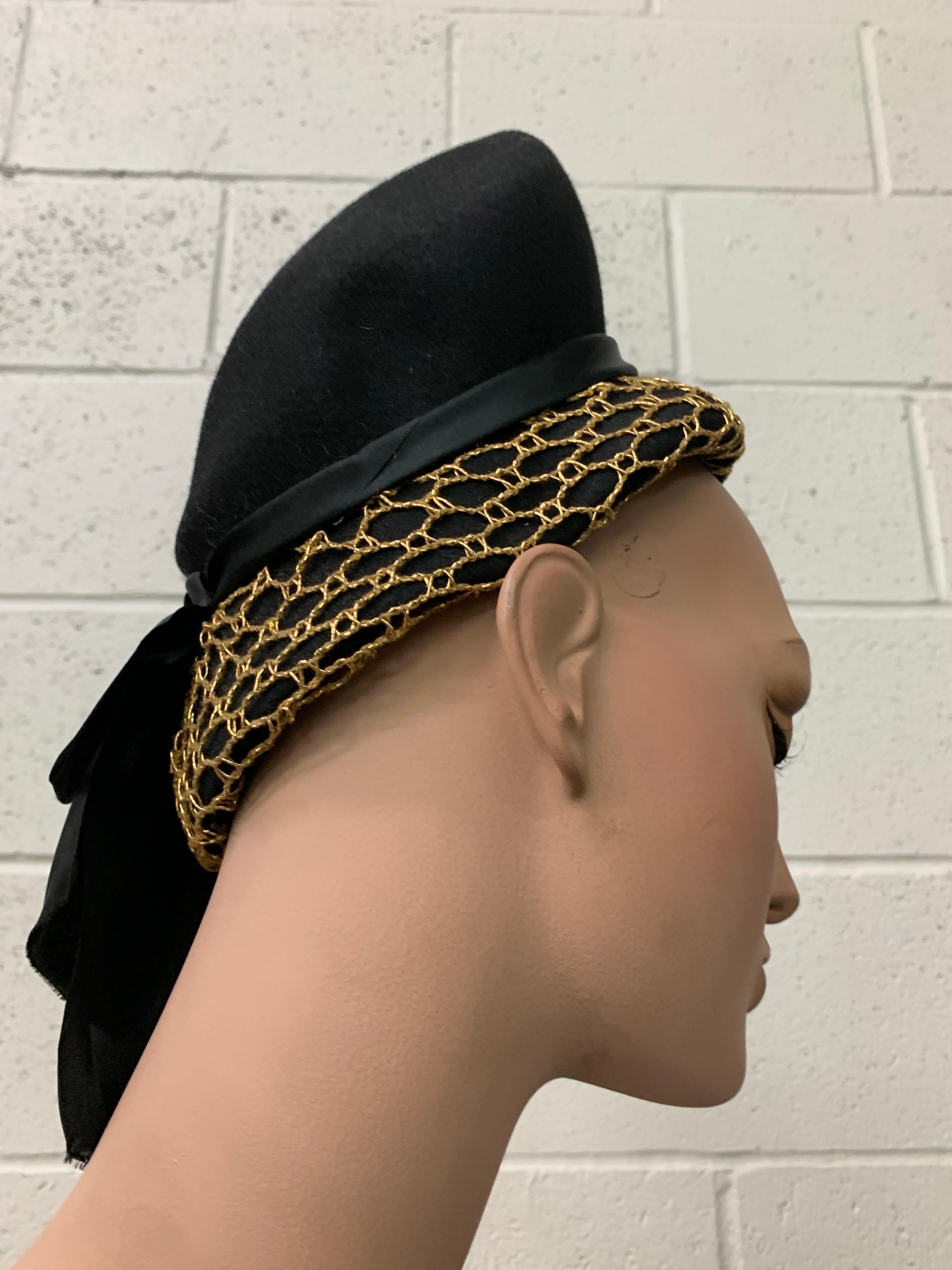 1940s Black Felt Surrealist Shape Hat w Gold Netting Sequin Medallion & Bow  For Sale 3