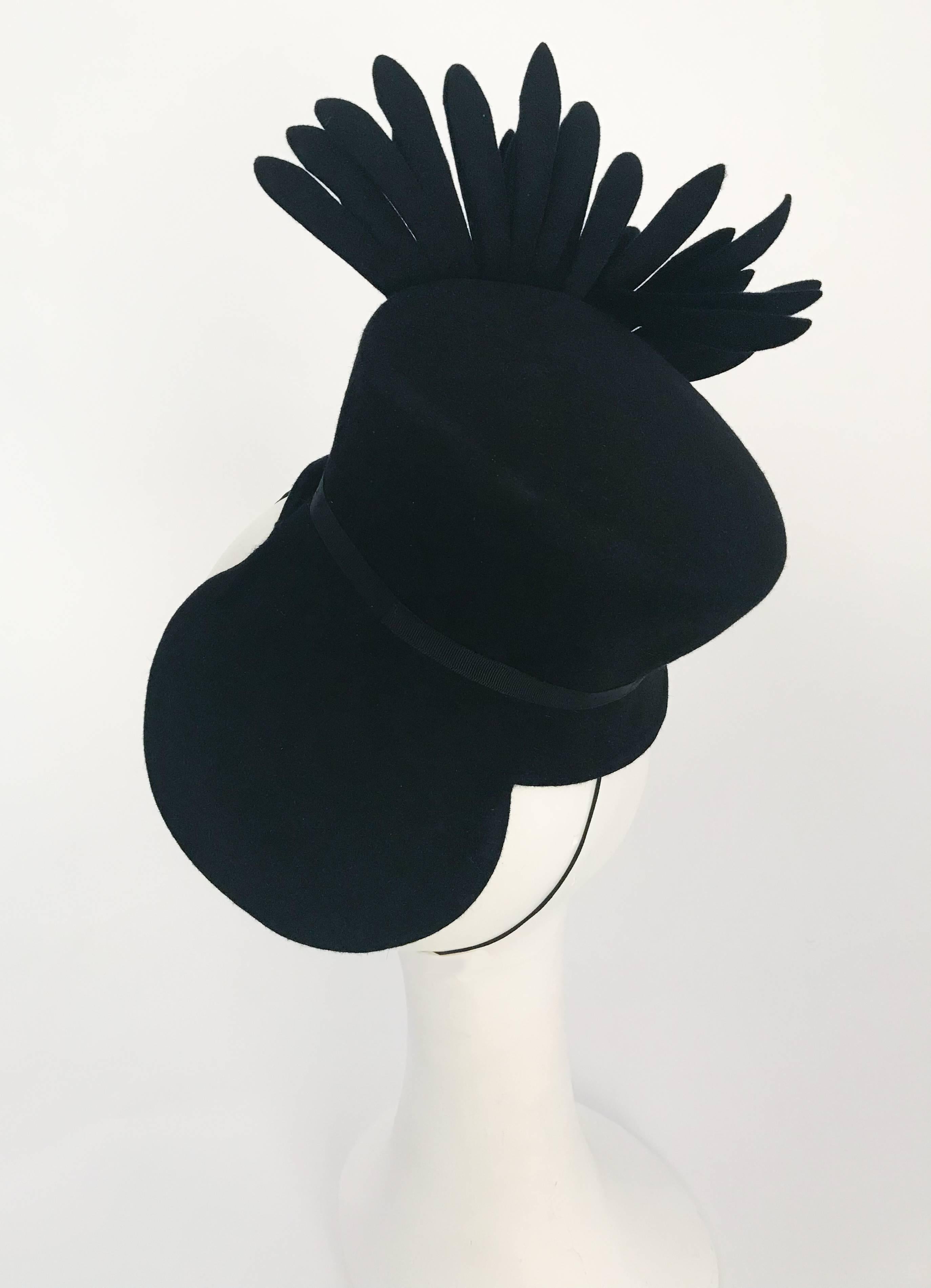 Women's 1940s Black Felt Toy Hat w/ Cut Feather Flourish