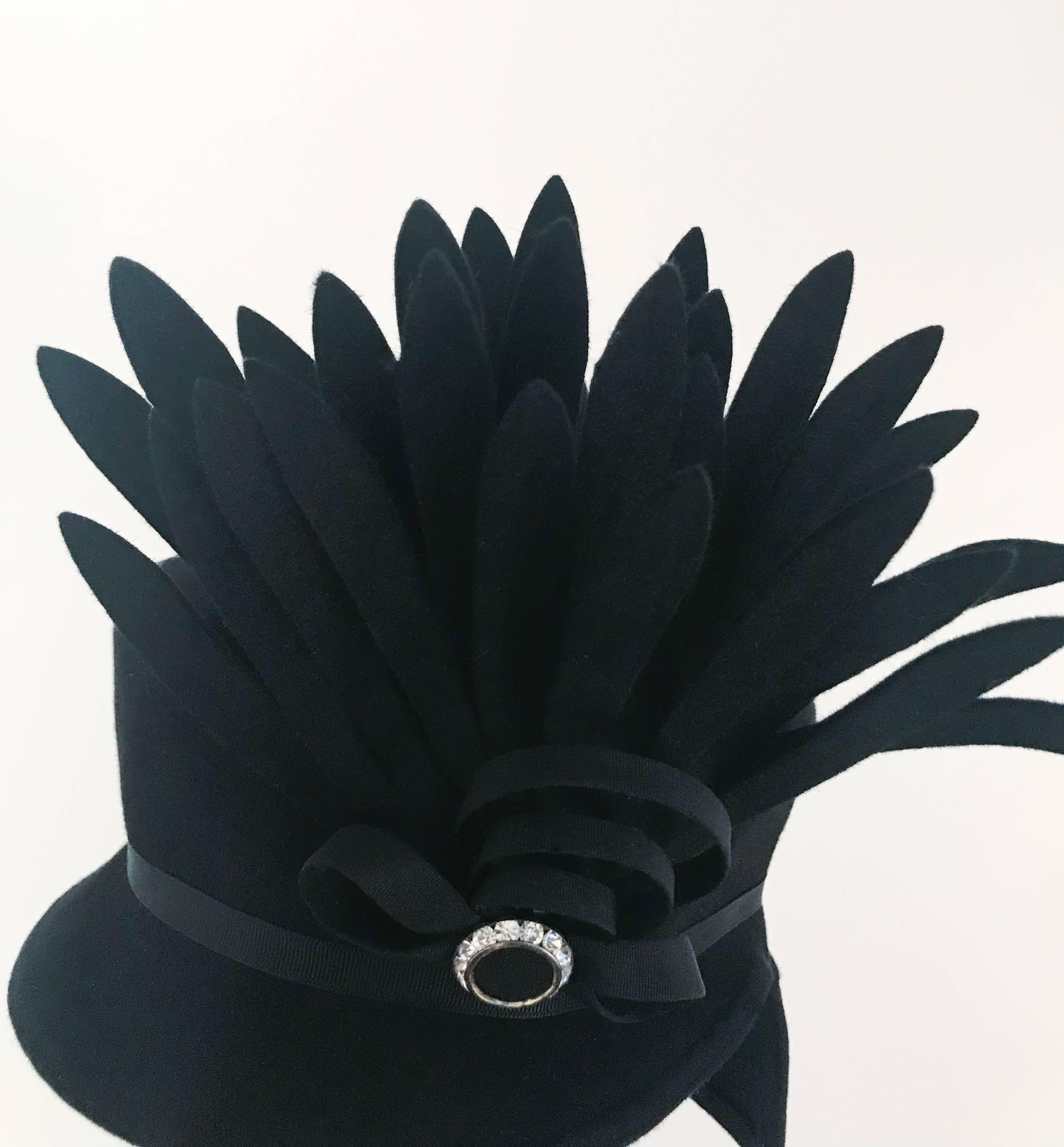 1940s Black Felt Toy Hat w/ Cut Feather Flourish 1