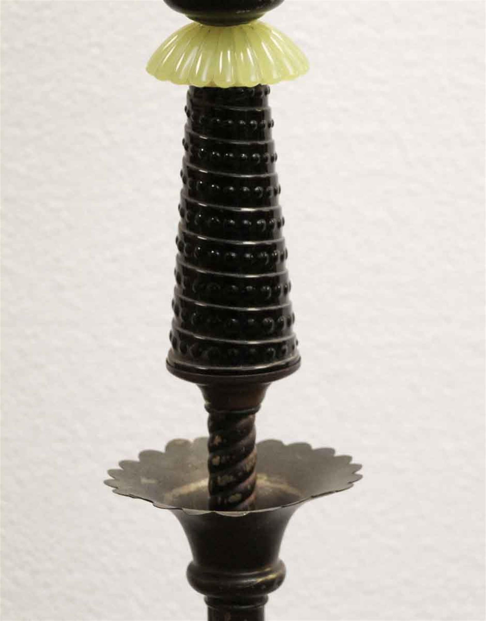 American 1940s Black Floor Lamp with Green Accents and White Shade