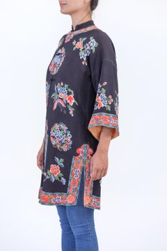 1940S Black Floral Print Silk Long Chinese Jacket