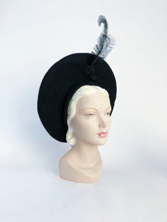 1940s Black Fur Felt Pancake Hat with Star and Feather Accent