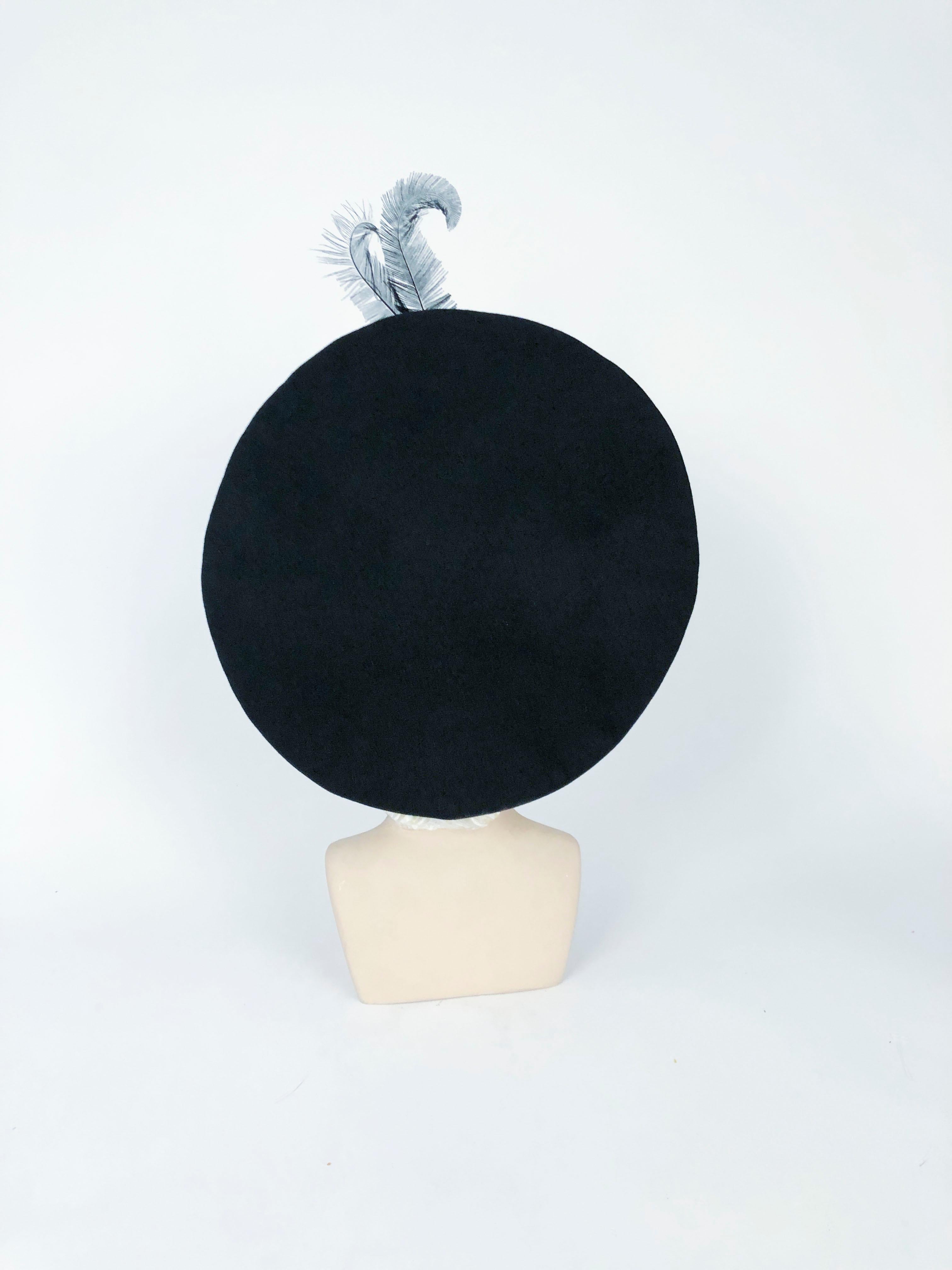 Women's 1940s Black Fur Felt Pancake Hat with Star and Feather Accent