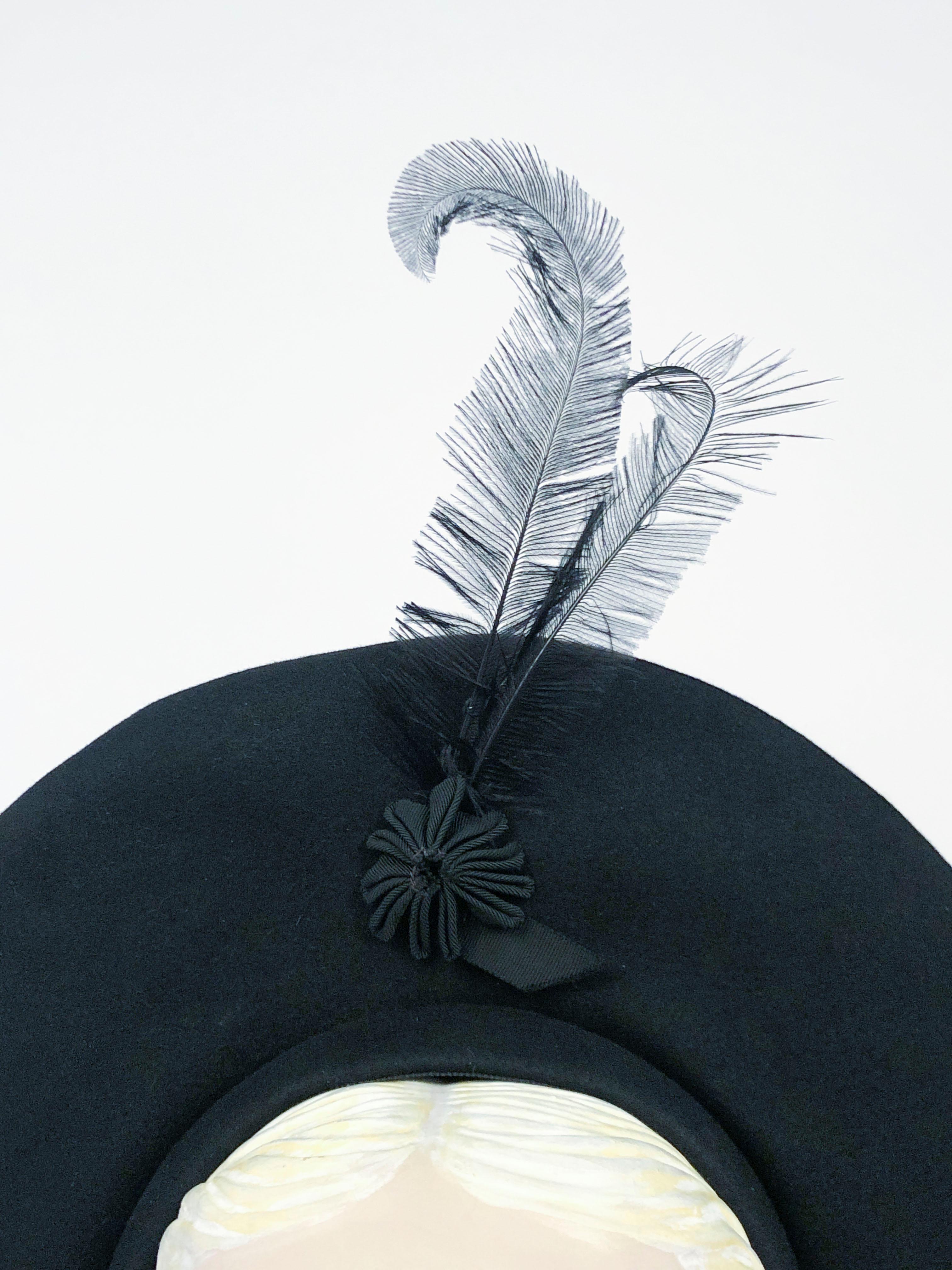 1940s Black Fur Felt Pancake Hat with Star and Feather Accent 1