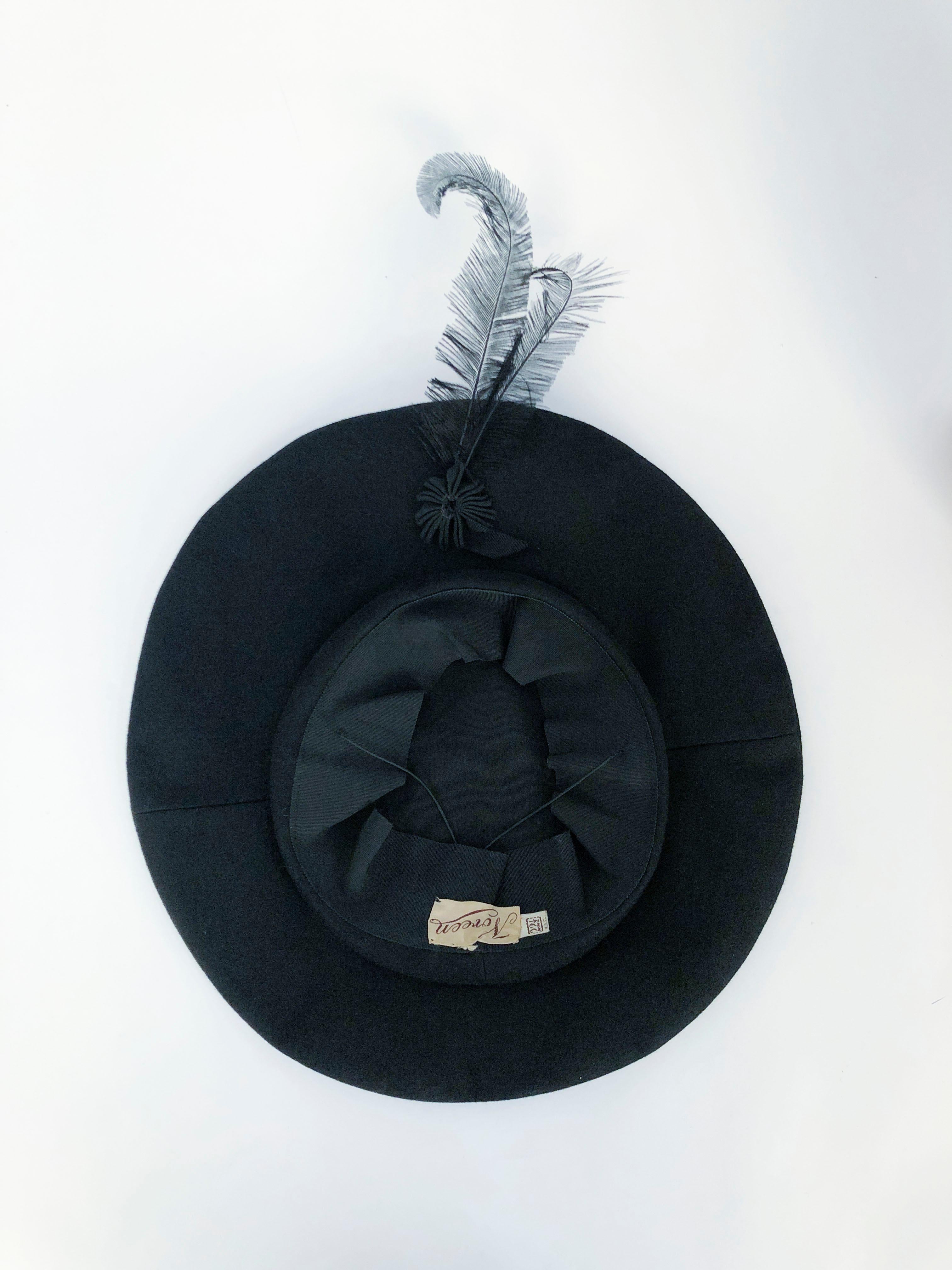 1940s Black Fur Felt Pancake Hat with Star and Feather Accent 2