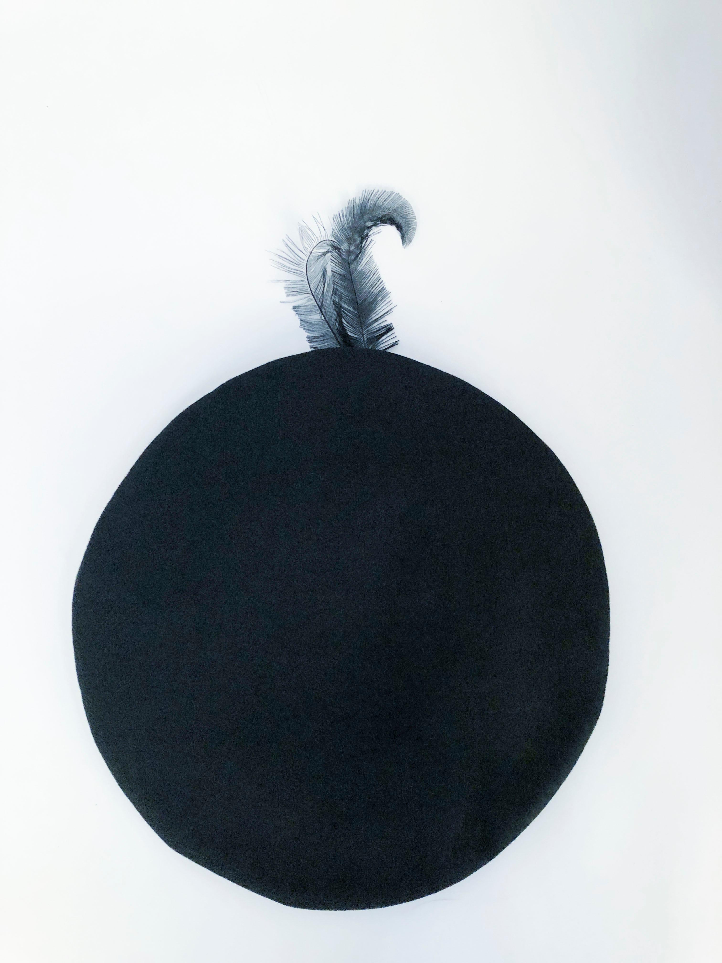 1940s Black Fur Felt Pancake Hat with Star and Feather Accent 3