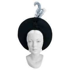 Vintage 1940s Black Fur Felt Pancake Hat with Star and Feather Accent