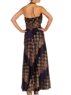 1940S Black & Gold Silk Satin Damask French Demi-Couture Gown