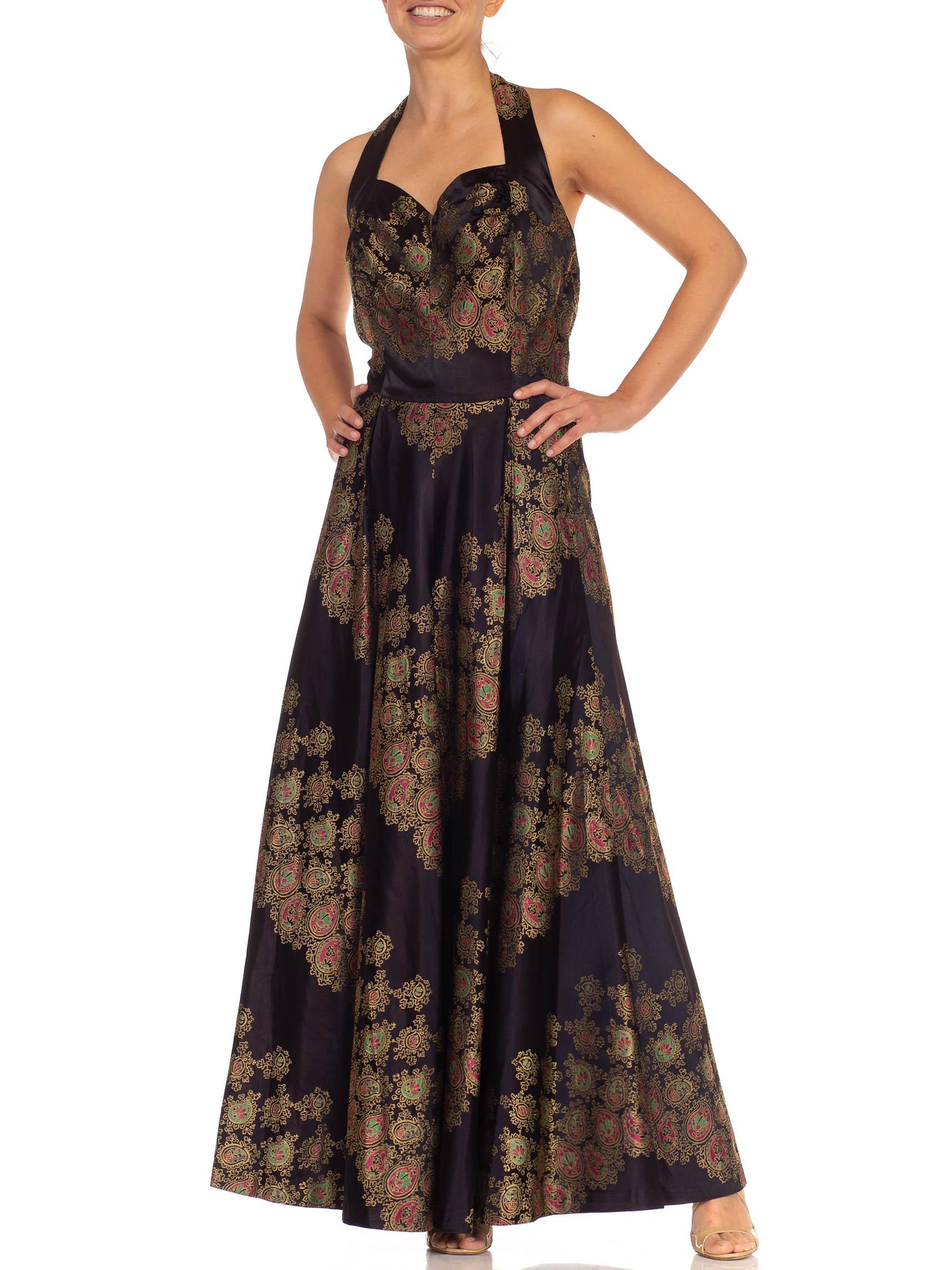 1940S Black & Gold Silk Satin Damask French Demi-Couture Gown In Excellent Condition For Sale In New York, NY