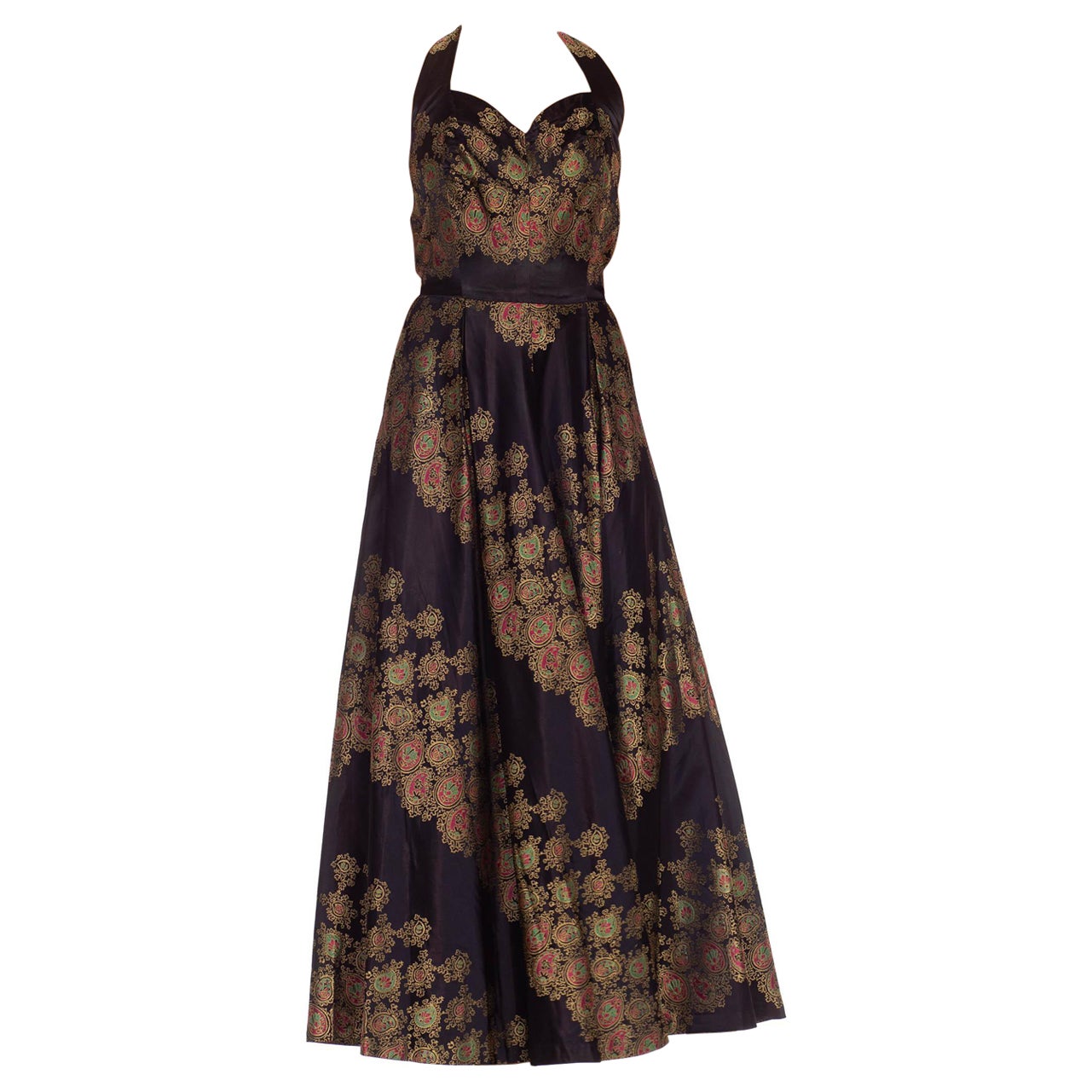 1940S Robe Demi-Couture française en satin de soie damassé noir et or