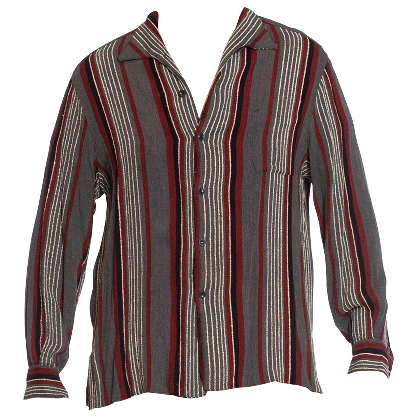 1940S Black & Grey Rayon Blend Men's Shirt With Textured Red White Stripes For Sale