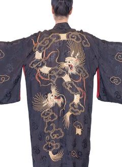 1940S Black Hand Embroidered Rayon & Silk Mens Gold Dragon Kimono