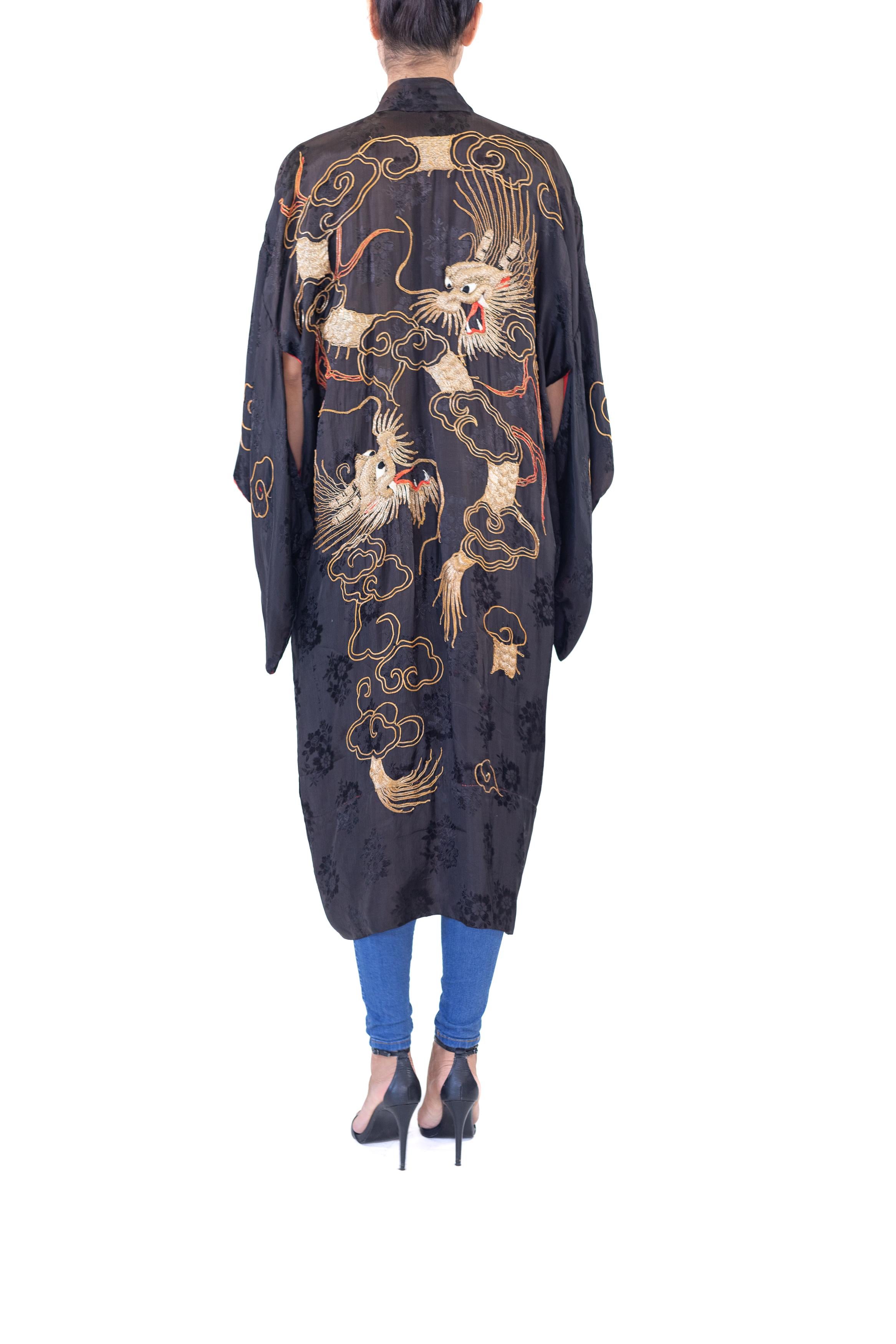 1940S Black Hand Embroidered Rayon & Silk Mens Gold Dragon Kimono 4