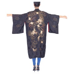 1940S Black Hand Embroidered Rayon & Silk Mens Gold Dragon Kimono