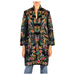 Vintage 1940S Black Hand Embroidered Silk Satin Midi Length Asian Jacket