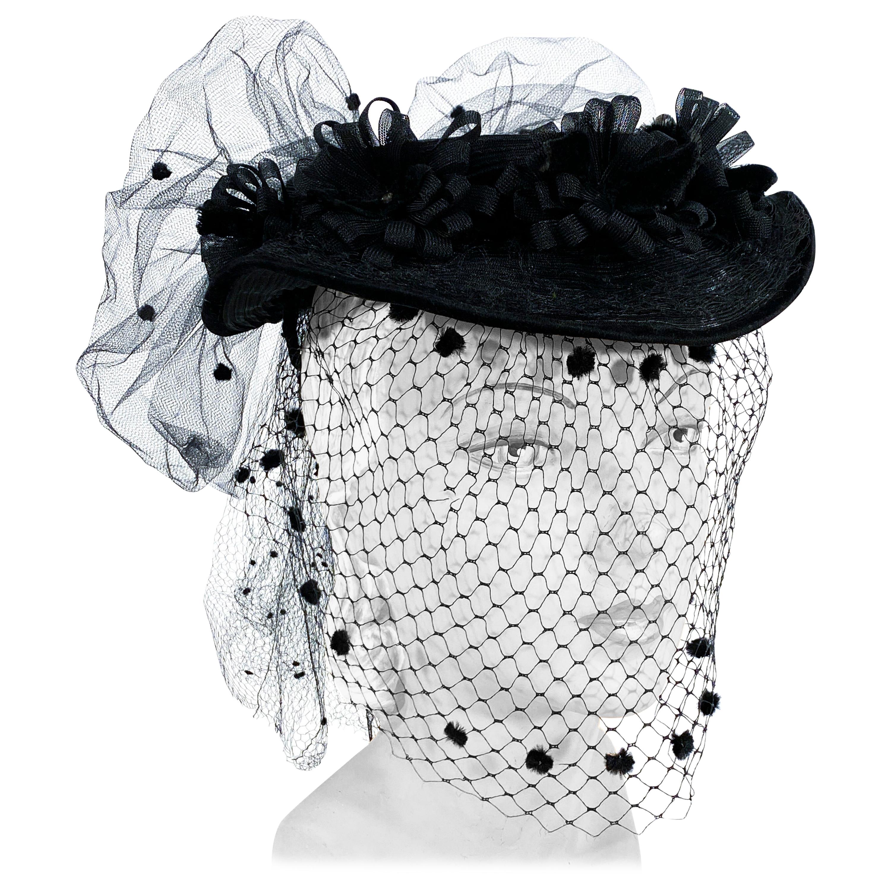 1940s Black Horse Hair Hat With Veil, Flowers, and Net Bow
