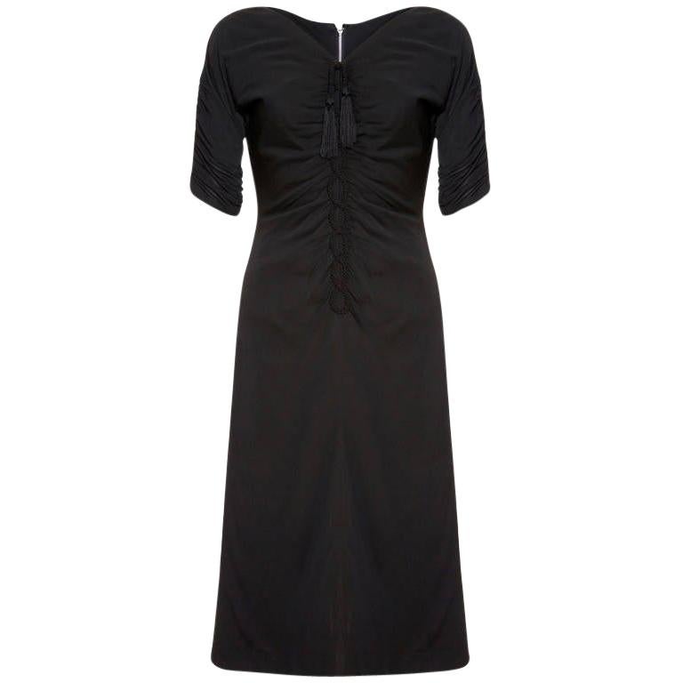 1940s Black Jersey and Twisted Tassel Wiggle Dress For Sale