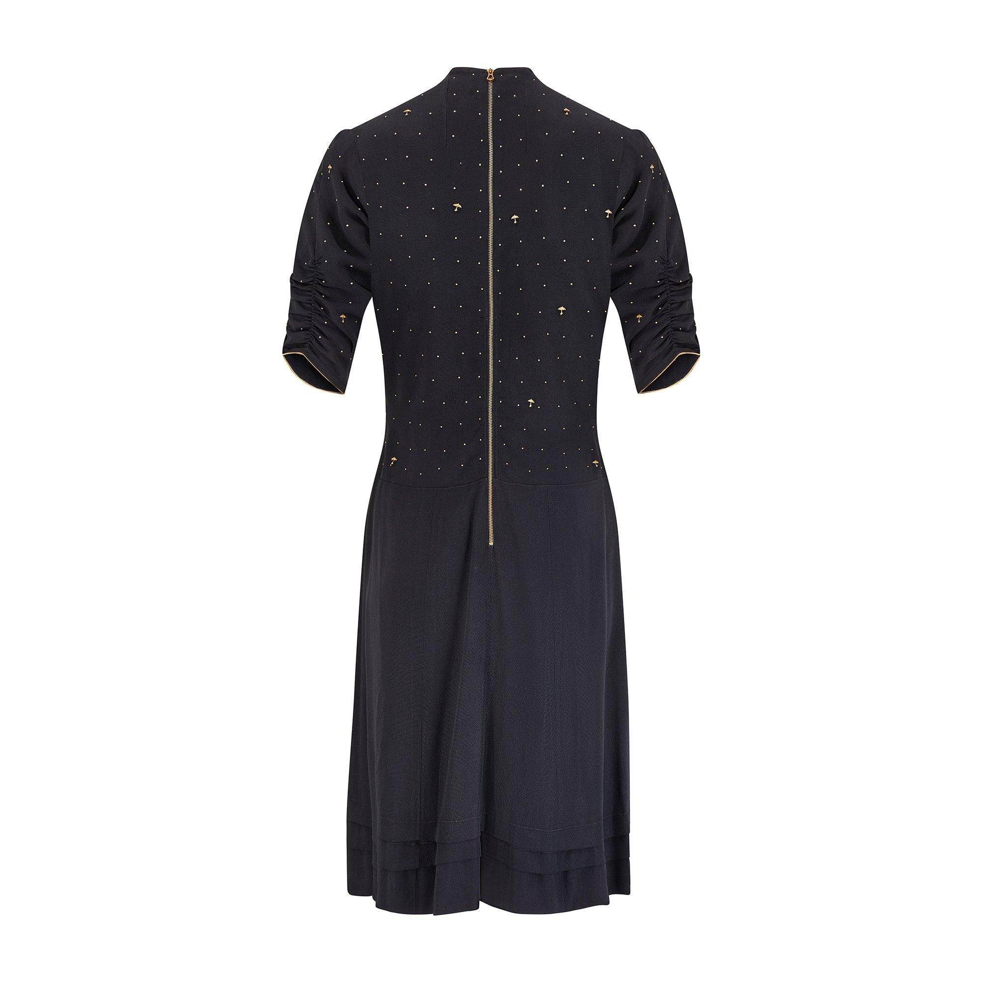 Vestido de punto negro de los años 40 con tachuelas de paraguas de fantasía Negro en venta