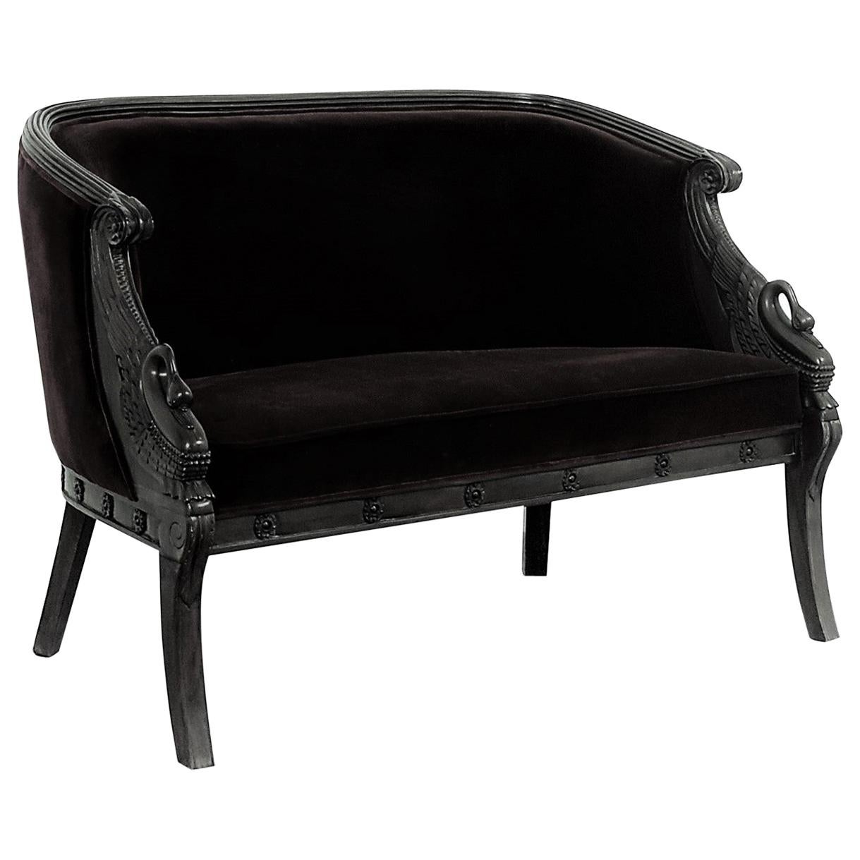 1940s Black Lacquer American Carved Swan-Form Settee