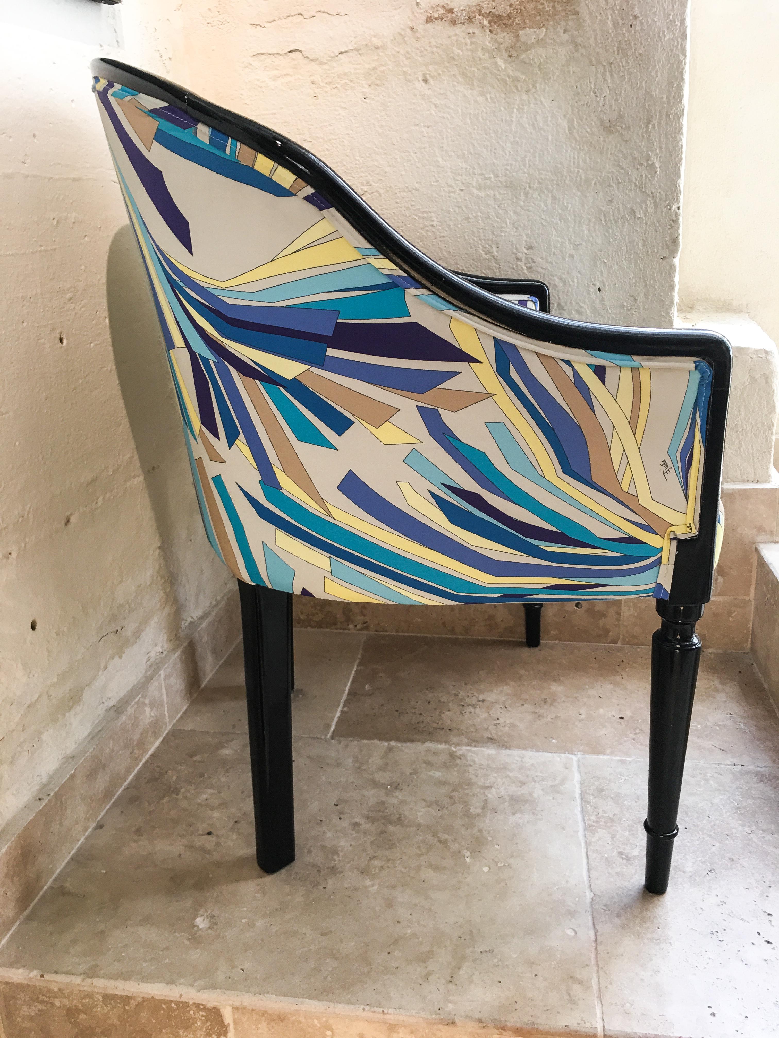 1940s Black Lacquer Armchair with Vintage 1970s Emilio Pucci Fabric 1