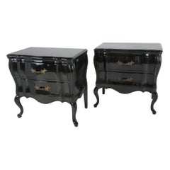Vintage 1940s Black Lacquered Nightstands Transitional Louis XV Style Commodes