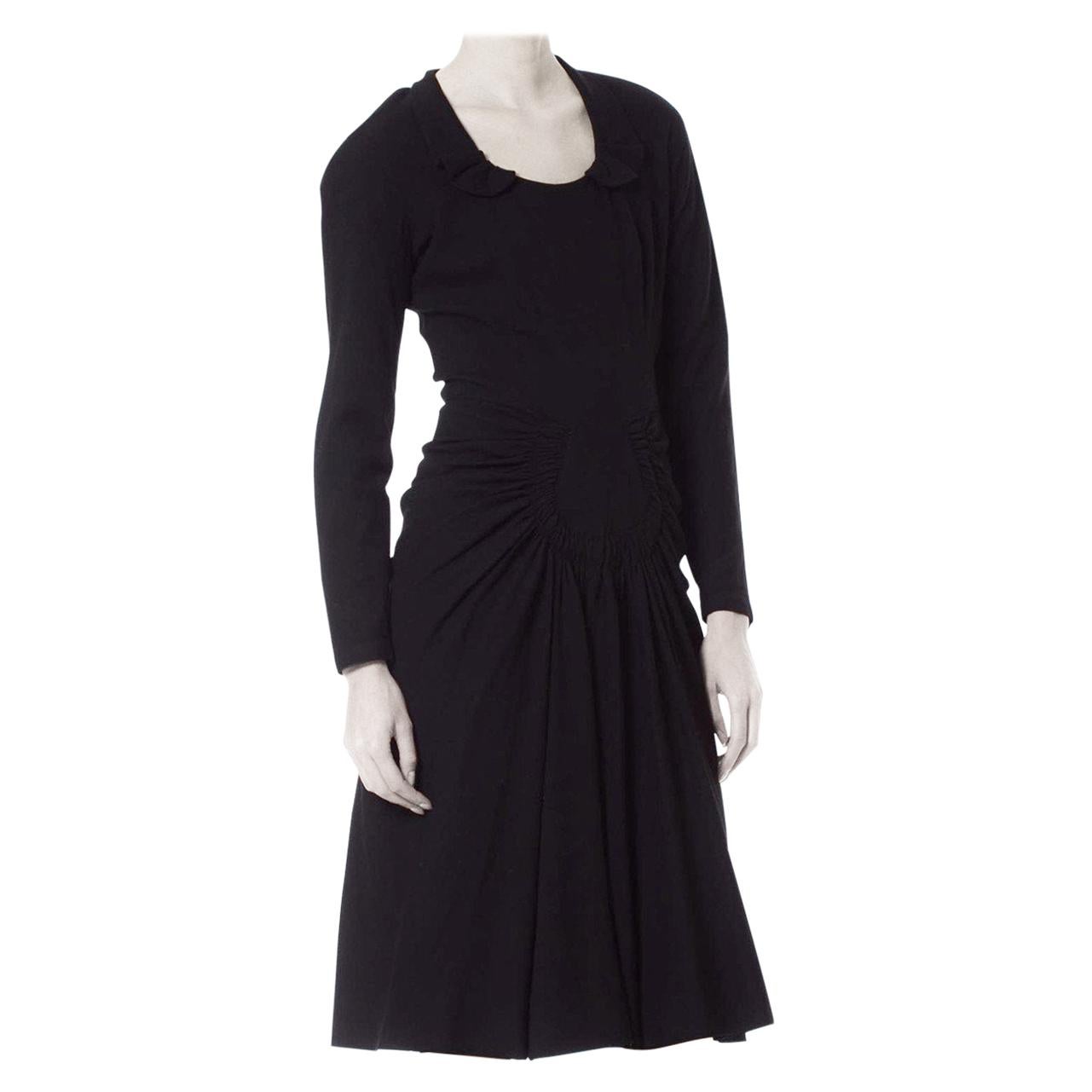 1940S Black Wool Vamp Style Shirred Skirt Dress