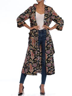 1940S Black Paisley Cotton & Rayon Satin Faced Fleece Robe