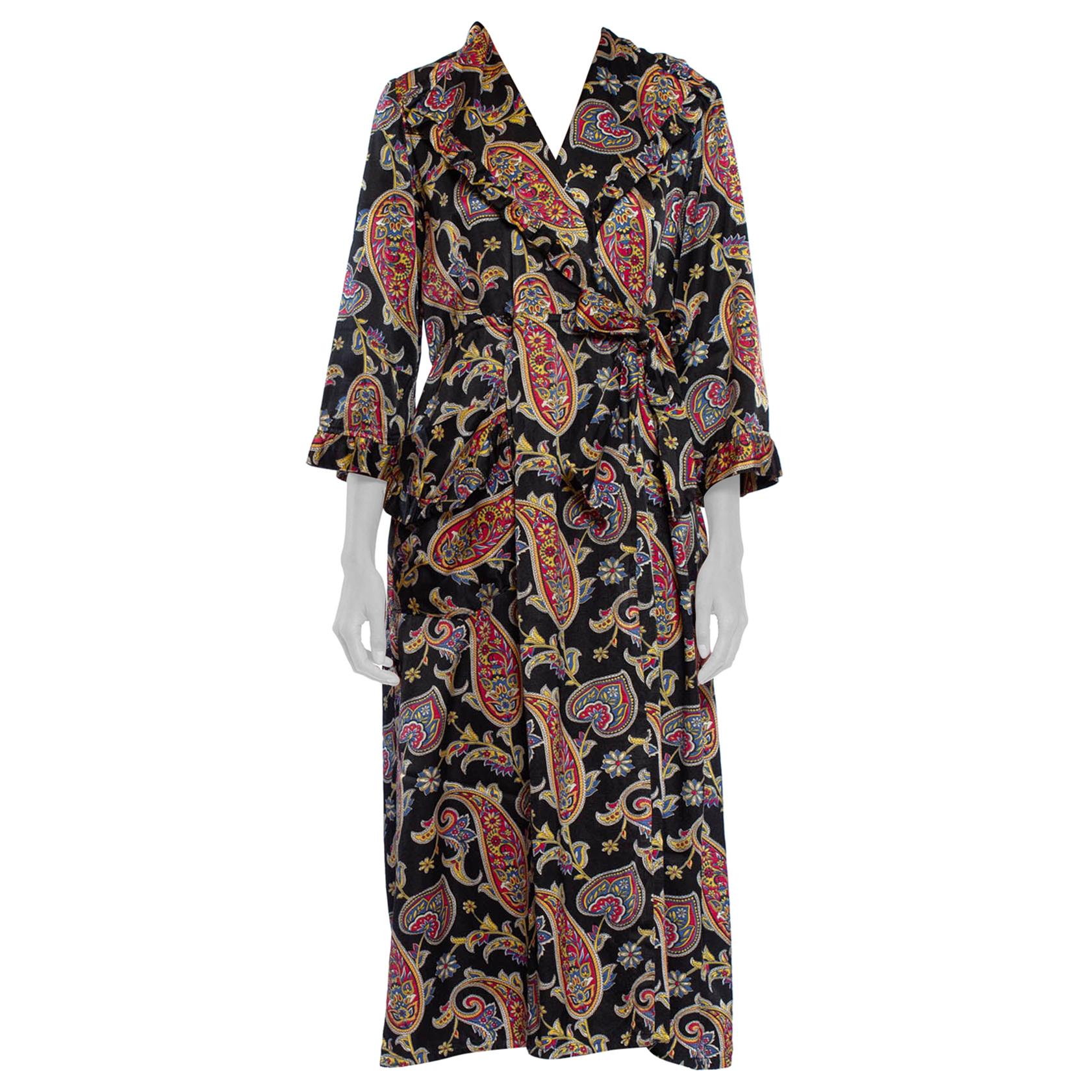 1940S Black Paisley Cotton & Rayon Satin Faced Fleece Robe