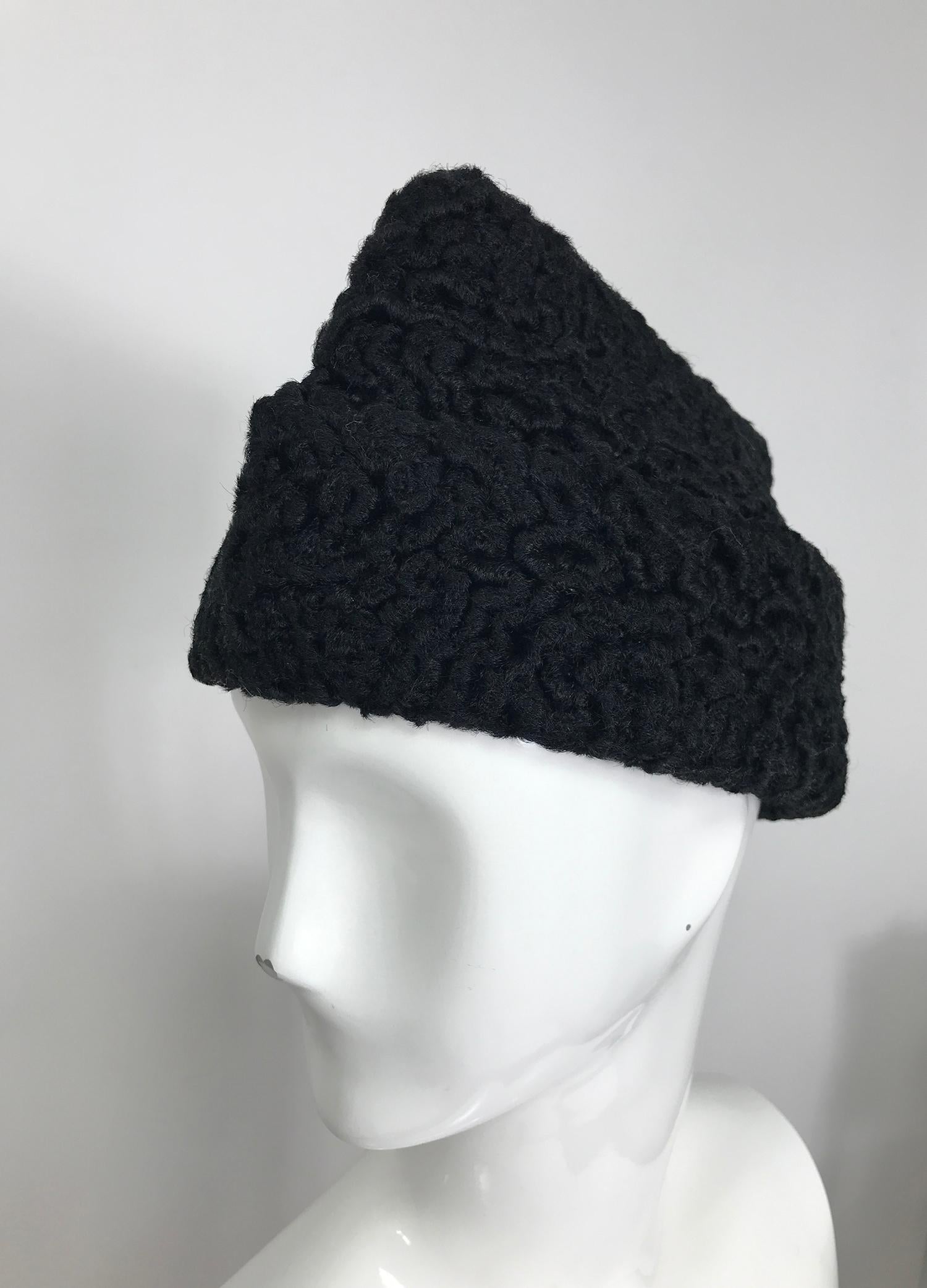 Women's 1940s Black Persian Lamb Angled Hat and Muff Purse Vintage For Sale