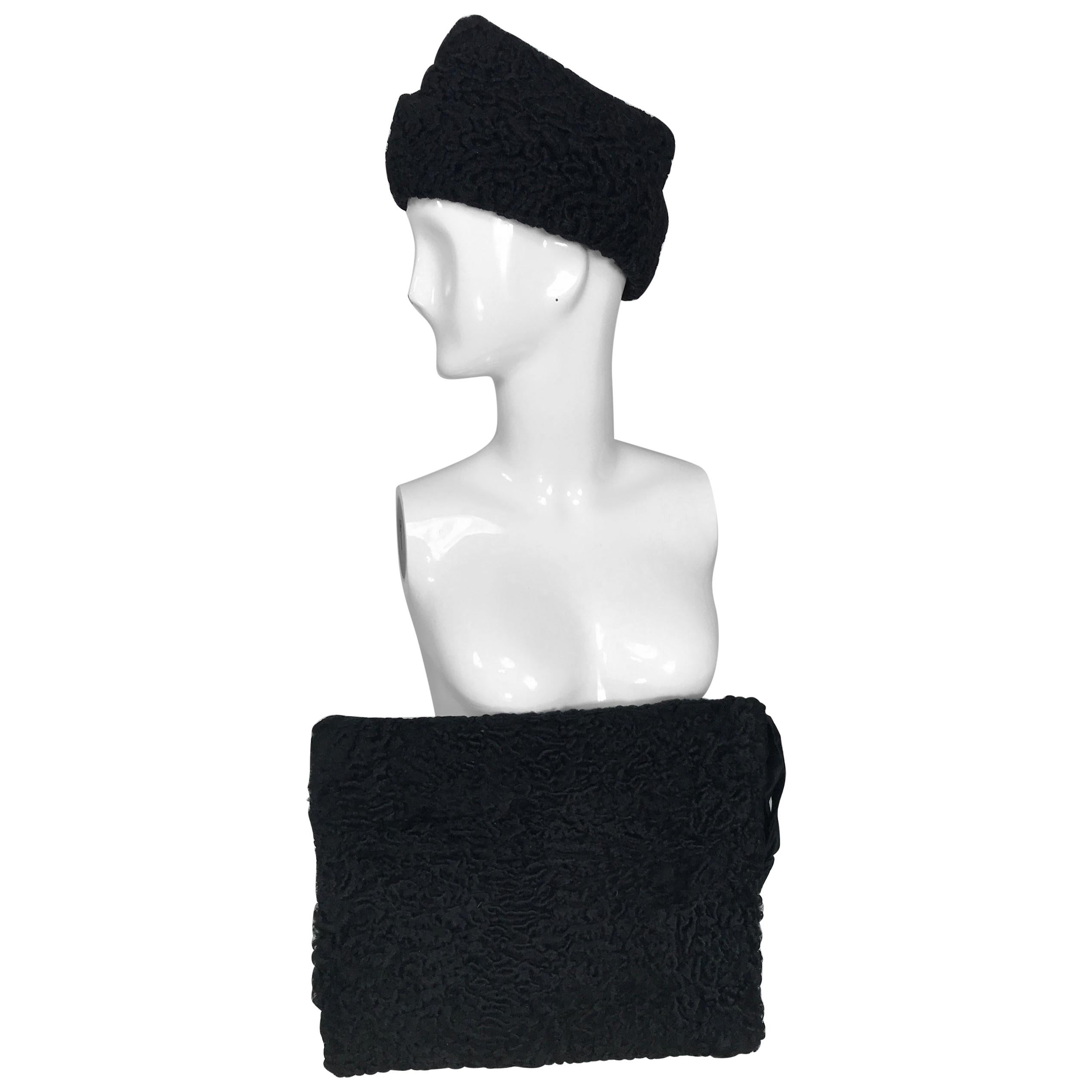 1940s Black Persian Lamb Angled Hat and Muff Purse Vintage For Sale