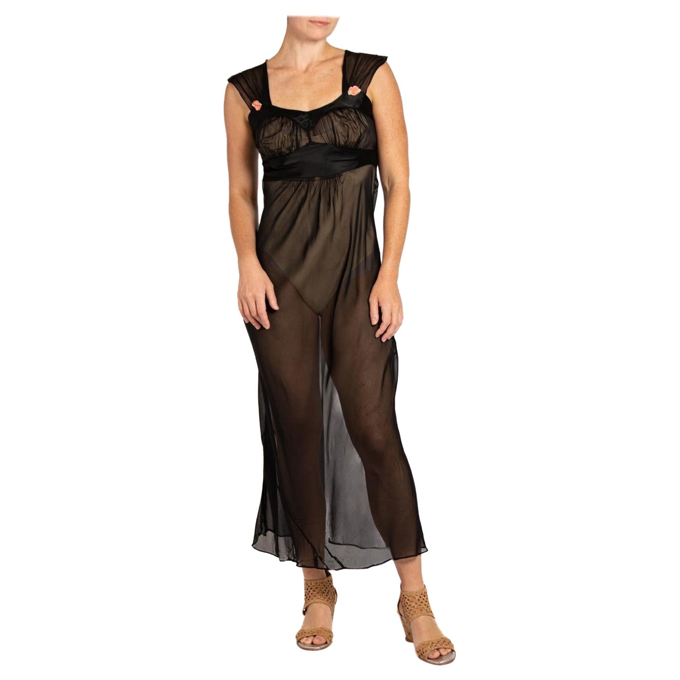 1940S Schwarz Rayon Bias Schnitt Negligee mit rosa Rosetten