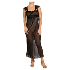 1940S Negligee de rayón negro cortado al bies con rosetas rosas