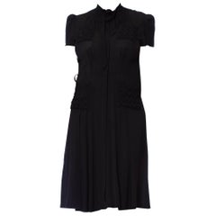 1940S Black Rayon Crepe Bow Neck Day Dress With Textured Weave Pockets