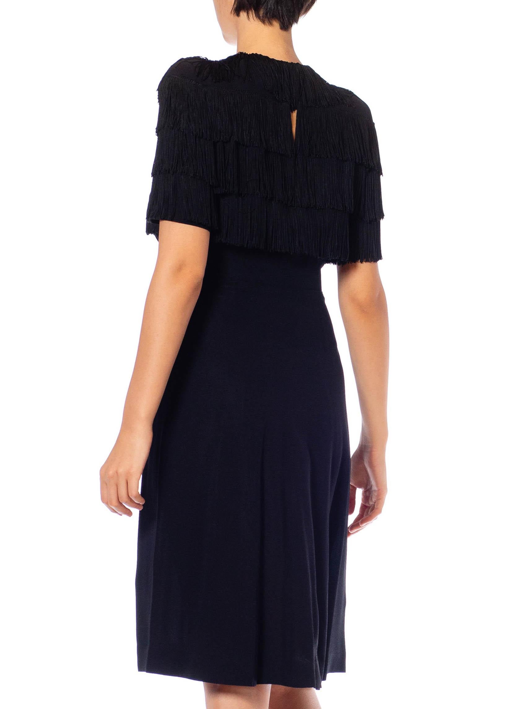 1940S Black Rayon Crepe Dietrich Style Fringed Bodice Cocktail Dress In Excellent Condition For Sale In New York, NY