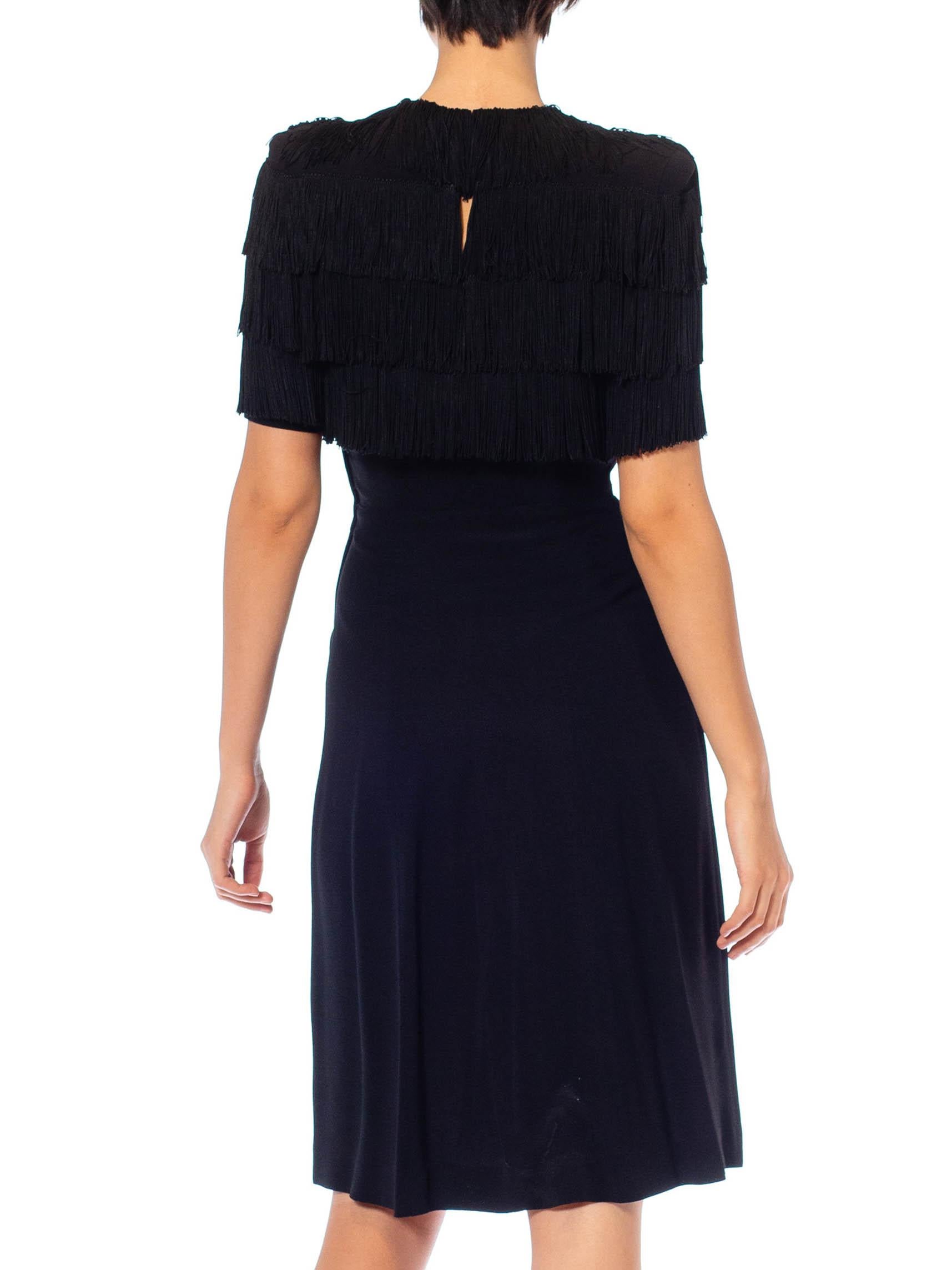 Women's 1940S Black Rayon Crepe Dietrich Style Fringed Bodice Cocktail Dress For Sale