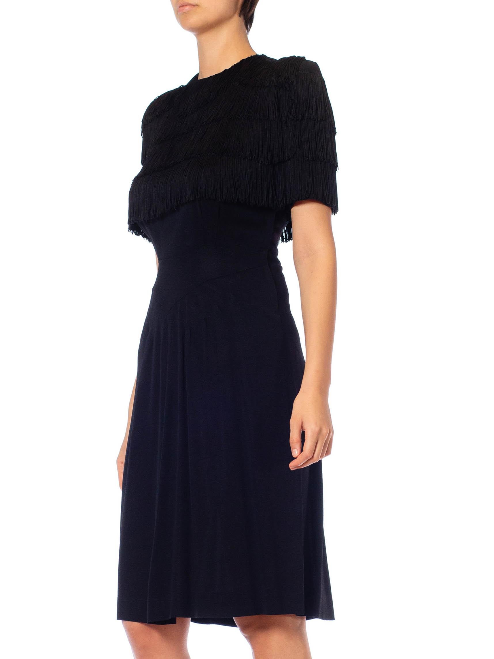 1940S Black Rayon Crepe Dietrich Style Fringed Bodice Cocktail Dress For Sale 1