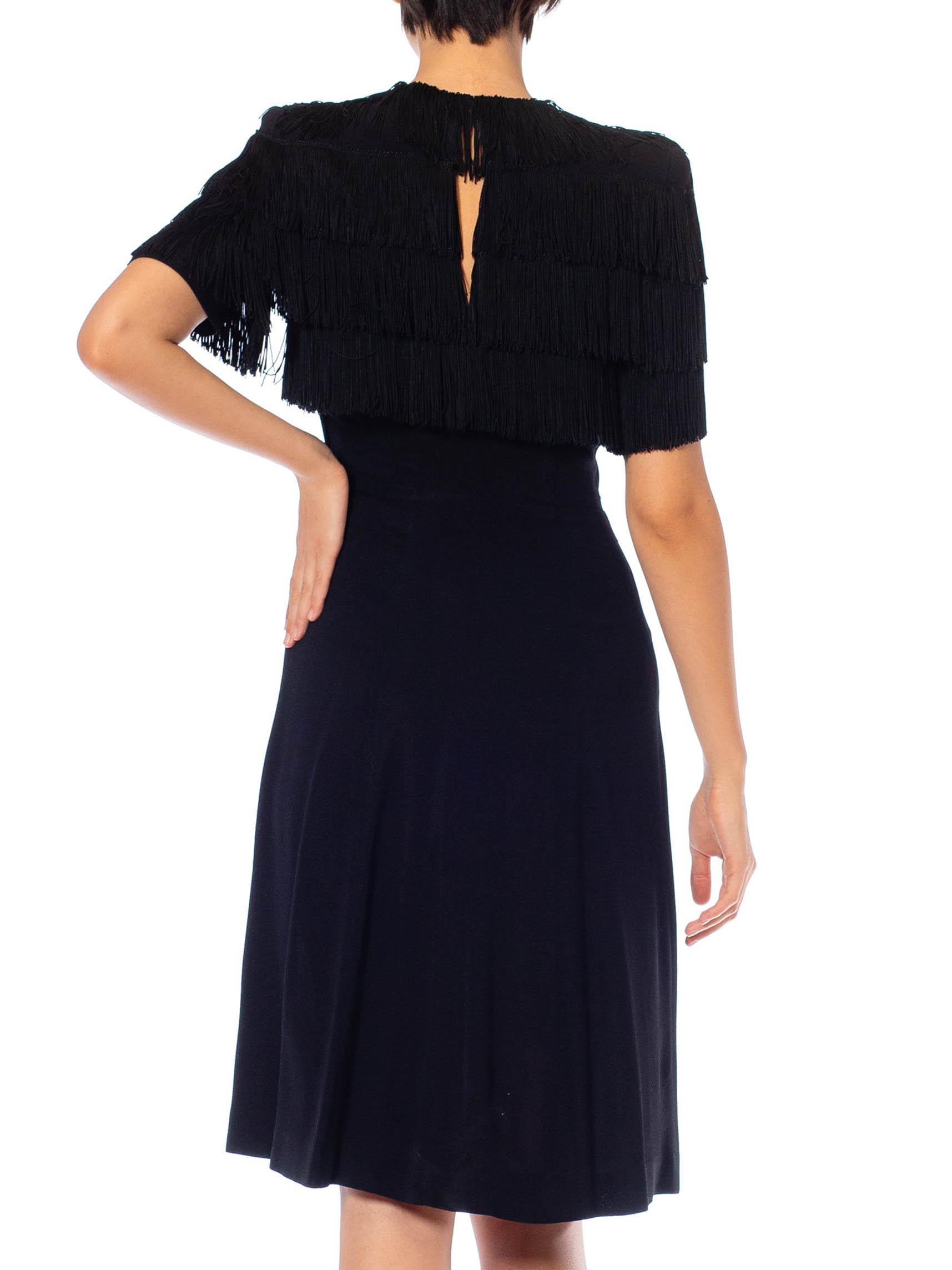 1940S Black Rayon Crepe Dietrich Style Fringed Bodice Cocktail Dress For Sale 3