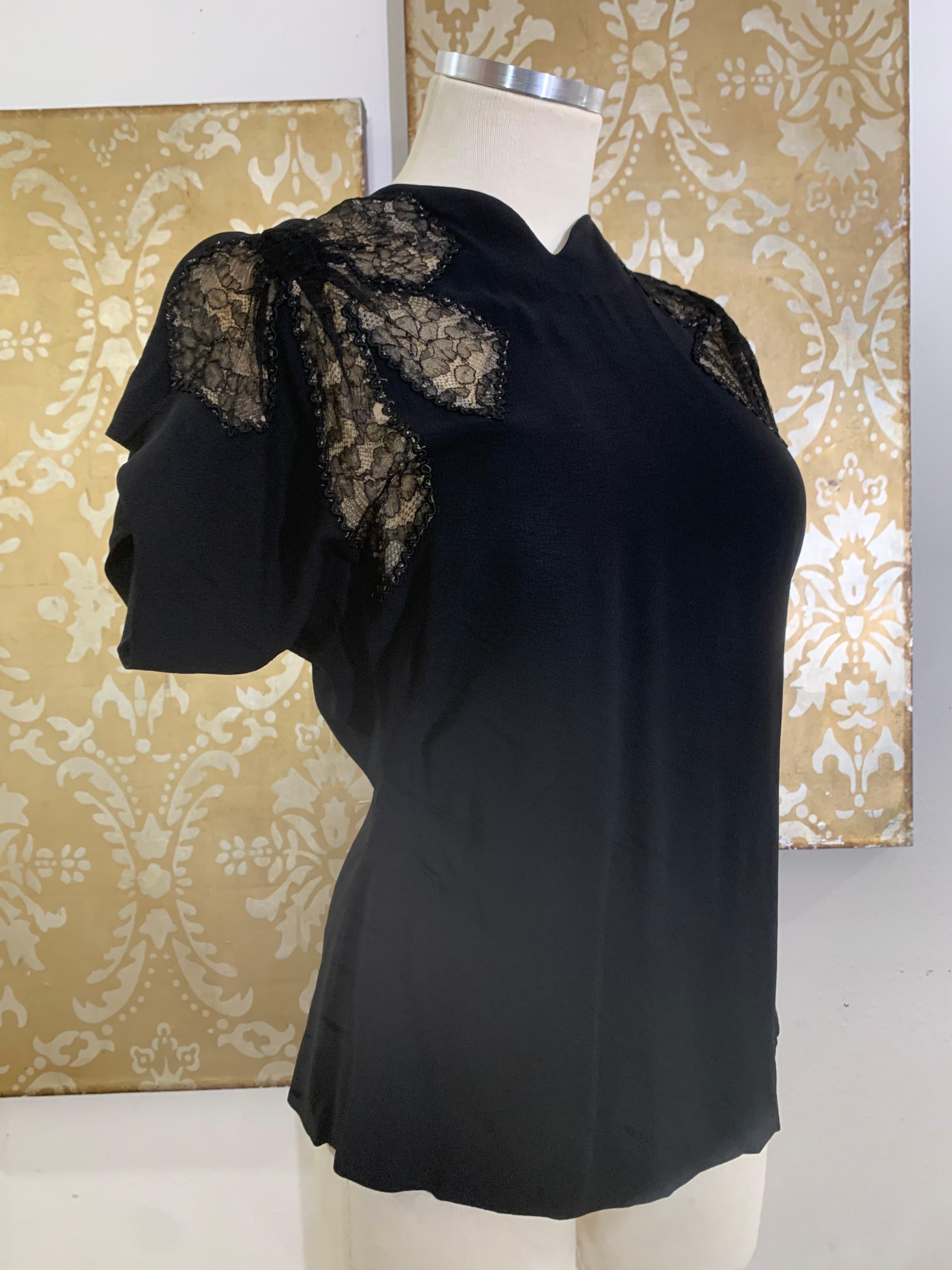 1940s Black Rayon Crepe Evening Blouse w Black Illusion Lace Inset Bows. For Sale 6