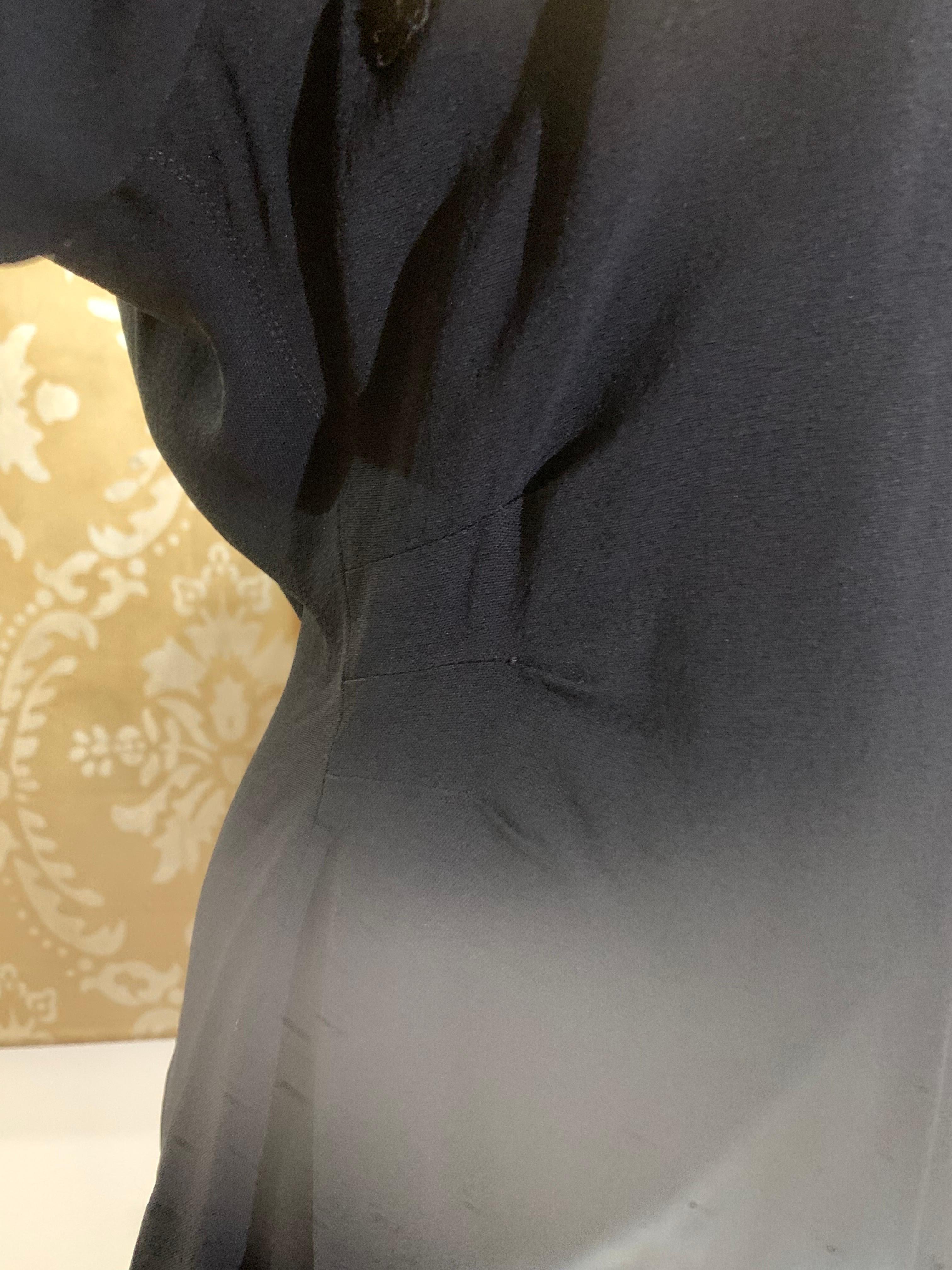 1940s Black Rayon Crepe Evening Blouse w Black Illusion Lace Inset Bows. For Sale 7