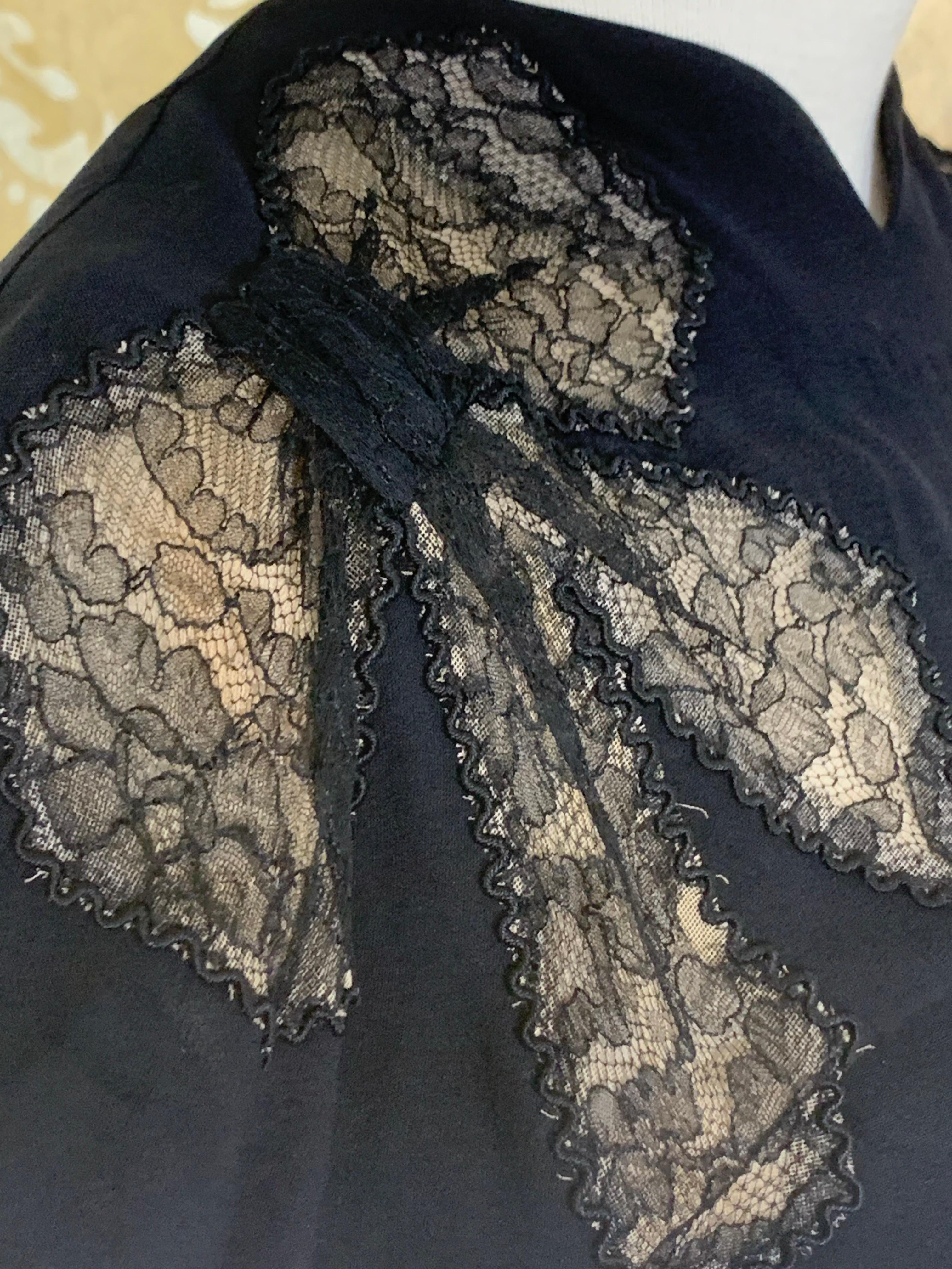 1940s Black Rayon Crepe Evening Blouse w Black Illusion Lace Inset Bows. For Sale 8