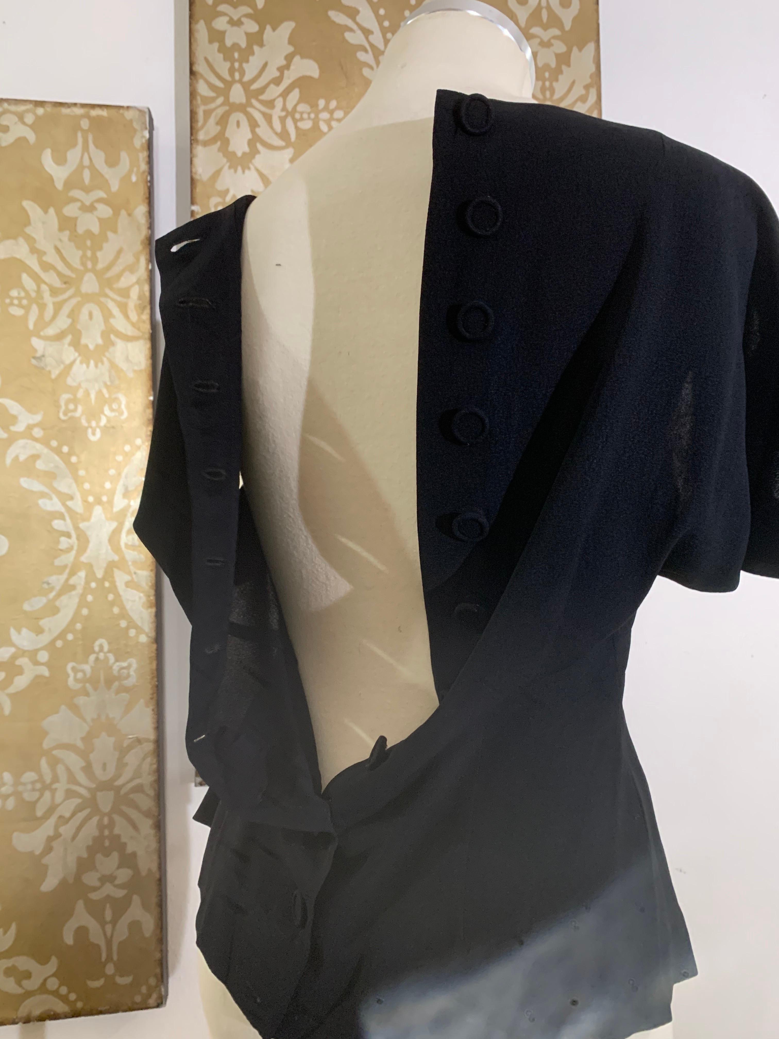 1940s Black Rayon Crepe Evening Blouse w Black Illusion Lace Inset Bows. For Sale 9