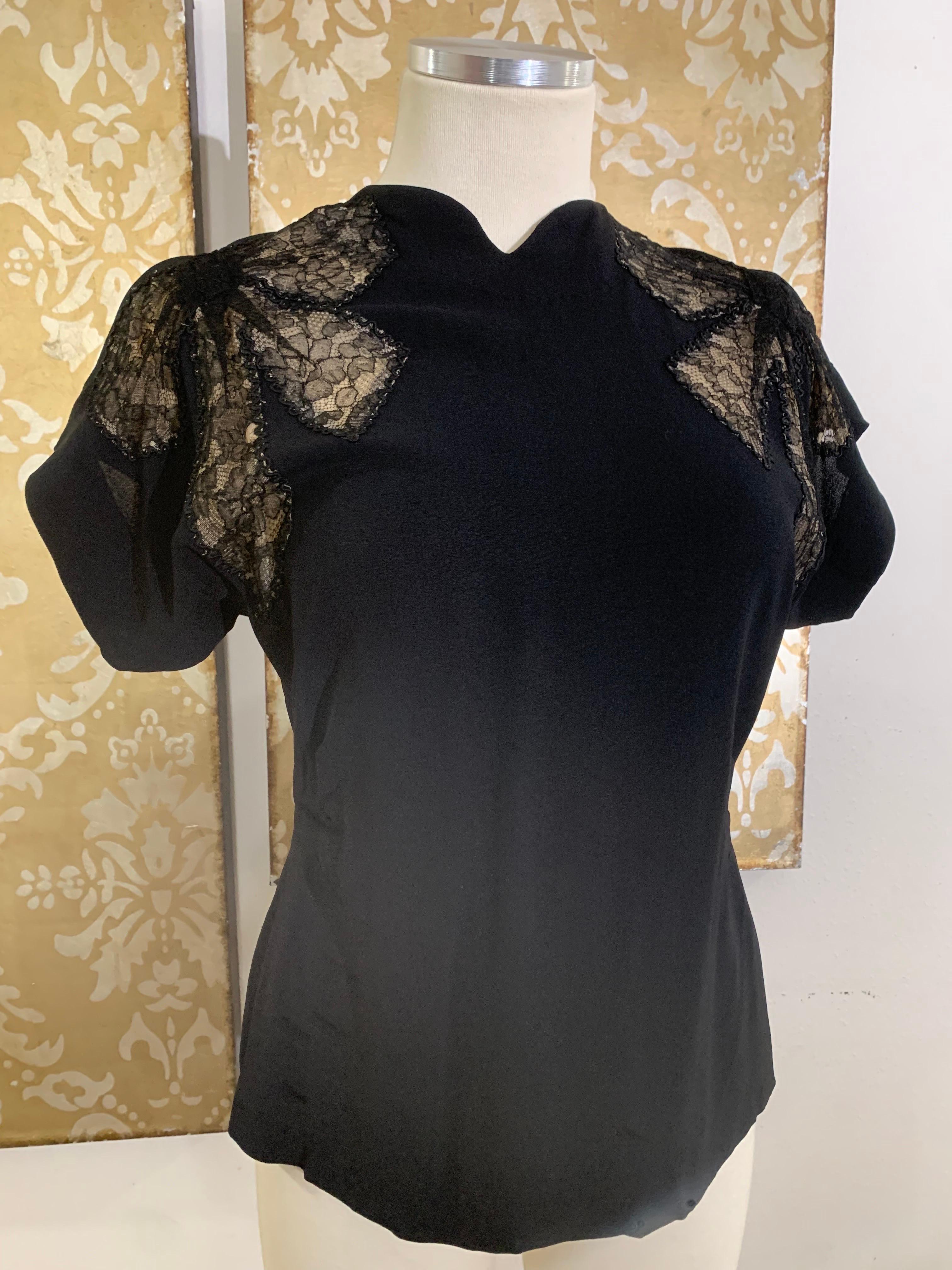 1940s Black Rayon Crepe Evening Blouse w Black Illusion Lace Inset Bows:  Raglan sleeves, notched  collar and sexy back covered button closures. Make a friend to help! Classic 1940s cocktail style!  US size 6. 