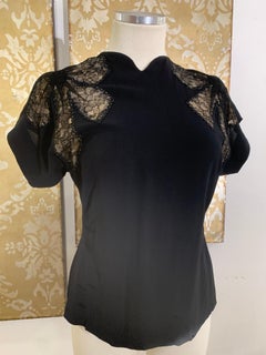 1940s Black Rayon Crepe Evening Blouse w Black Illusion Lace Inset Bows.
